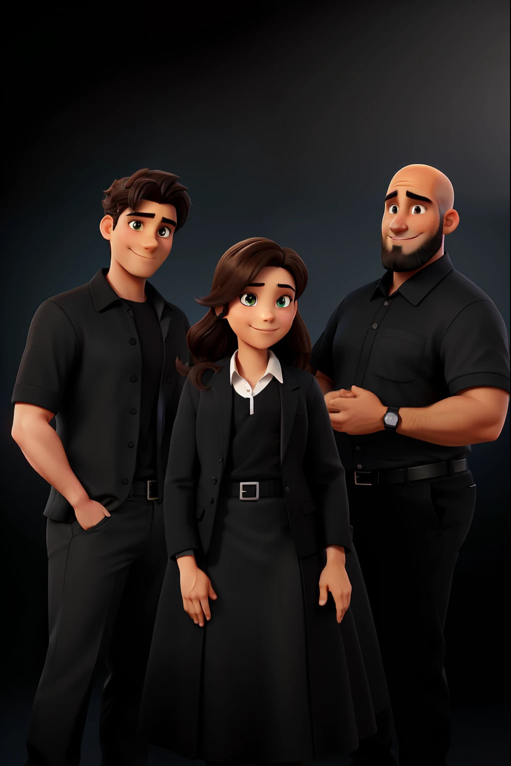 three young businesspeople, marketing professionals in black clothes, promoting their digital marketing agency. A man in his 30s, fair skin and dark hair, smiling and without a beard, a woman next to him with brown hair, green eyes, a little chubby, with a very elegant black dress and blazer and on the other side a man with 43 years old, chubby, bald, with dark hair, beard and wearing a black t-shirt