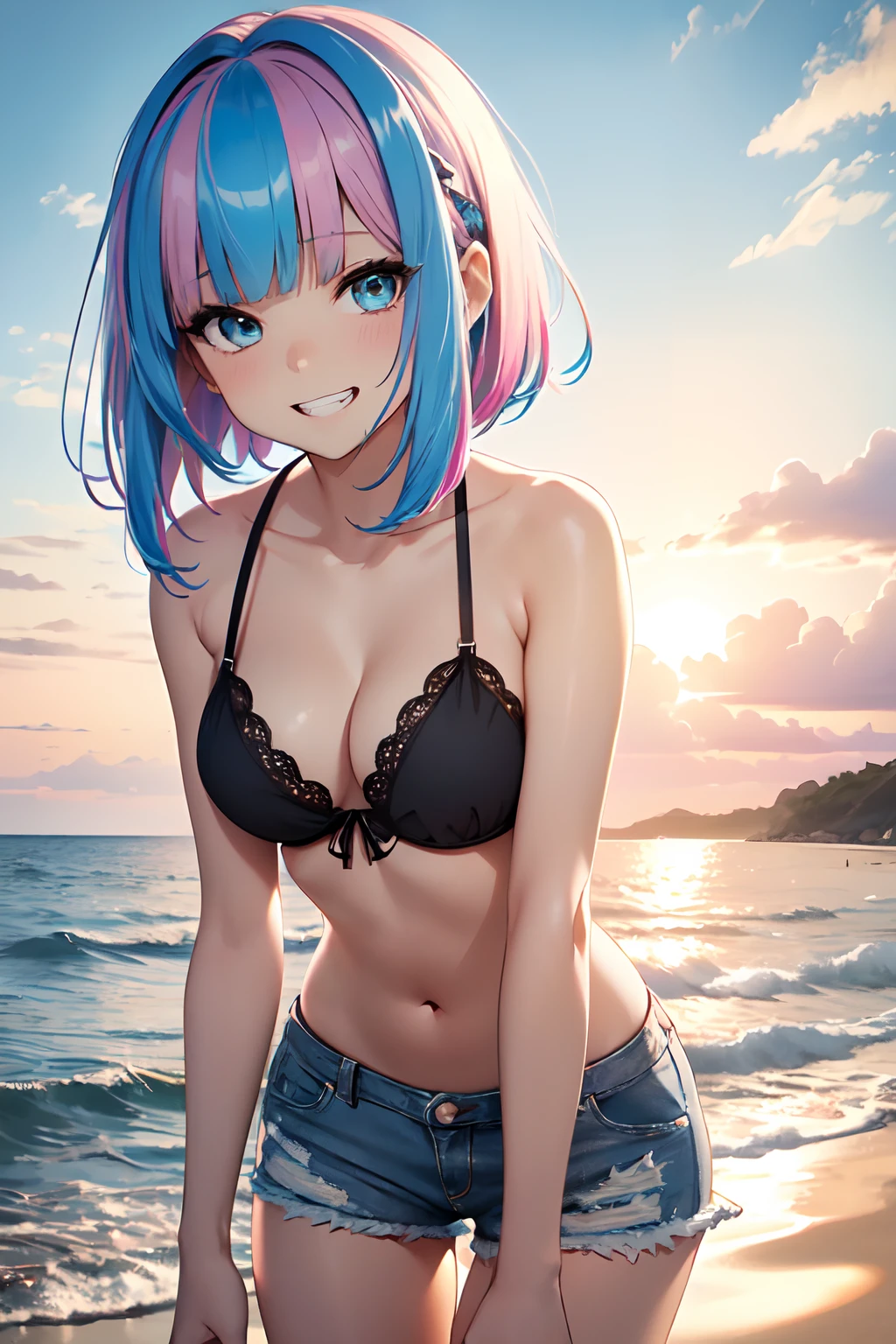 Illustration of a cute bikini model girl, (Anime style:1.2), masutepiece, Best Quality, ultra-detailliert, 4K, absurderes, hight resolution,(((masutepiece, Best Quality)))((masutepiece:1.5)), (Best High Quality, 超A high resolution, The ultra -The high-definition, 4K:1.3),(((Perfect hands, Perfect fingers, Perfect legs))),1womanl, Looking at Viewer ,Full body shot, 20 years old, ((Light blue eyes)),((Round eyes)), Sweat, White skin, (((skinny))), Sweat,((Shiny body, Shiny skin,)), (((masutepiece, Best Quality)))((masutepiece:1.5)), (Best High Quality, 超A high resolution, The ultra -The high-definition, 4K:1.3), (((Blunt bangs:1.3))), (((Pink bob hair))), (((blue colored inner hair:1.3))),(((blue streaked hair:1.3))), ((Blue eyes)), ((White skin)),((((Shiny body, Shiny skin,)))), ((Shiny body, Shiny skin, Big breasts)),the pose , Cute girl illustration, Anime style, (High color contrast:1.2), masutepiece, Best Quality, ultra-detailliert, absurderes, hight resolution, BREAK,
1girl in,Sexy Bikini Models. Solo, (early teen, Loli face:1.6), (Chibi:1.2), Dense, Giant green eyes,, shiny eyes, ((Show your teeth and smile:1.5)), long twintail, medium breasts, Curve, ((Blue butterfly hair ornament)),BREAK,
,camo (Lace micro bikini with minimal fabric area), cleavage, Ender Boobs, Side Bob, (High-cut shorts),(high leg shorts),BREAK,
plein air, Sunset beach, Horizon, Beautiful sunset sky, Back Light, stop motion, BREAK,
(From below), (Chest close-up:1.4), Twin-tailed, BREAK,