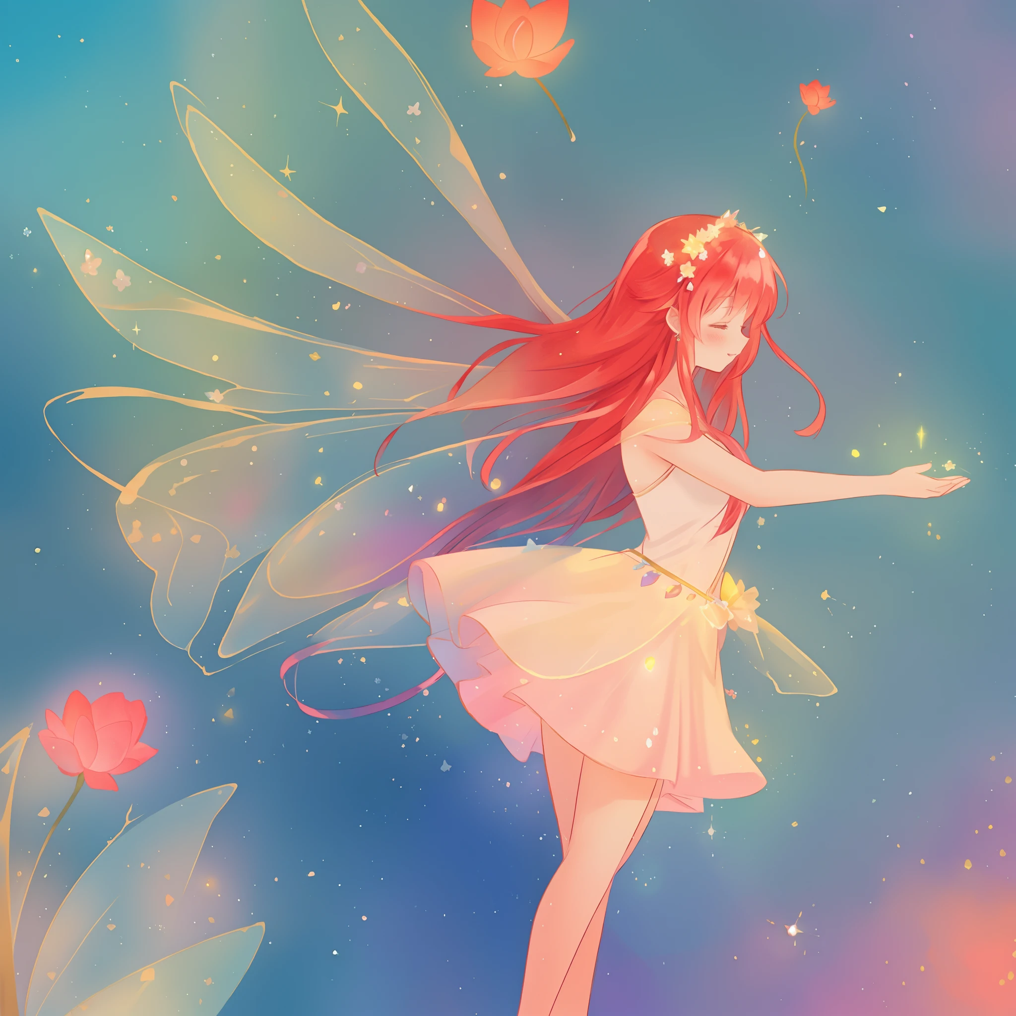 beautiful fairy girl in sparkling flowing dress, fairy dress, (huge sparkling fairy wings), fairy queen, ((magical colorful otherworldly landscape)), (glowing fairy wings), long red colorful hair, sparkling fairy wings, watercolor illustration, flowers and colorful plants, disney art style, glowing aura around her, glowing lights, beautiful digital illustration, fantasia otherworldly landscape plants flowers, beautiful, masterpiece, best quality, anime disney style