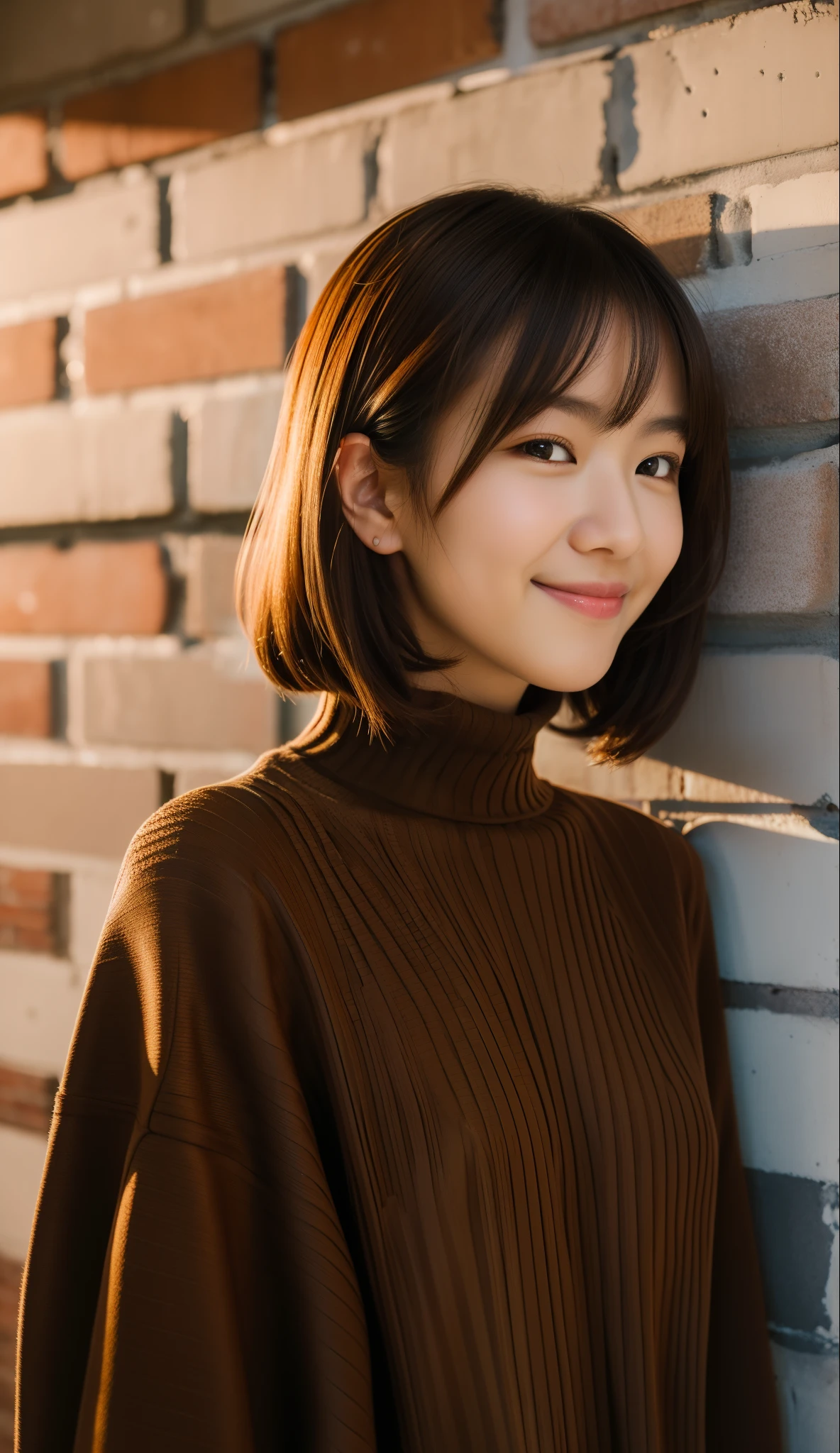 (masutepiece, Best Quality, 1girl in, Solo, Intricate details), Realistic, ((Medium Breath)),Middle hair, Light brown hair,  Light Brown Highlights,  Open jacket, Turtleneck sweater, Night,Against Wall, Brick wall, Graffiti, Dim lighting, backstreet ,look at viewr, (Photorealistic:1.5), (Raw photo, 8K UHD, Film grain),shyly smile
