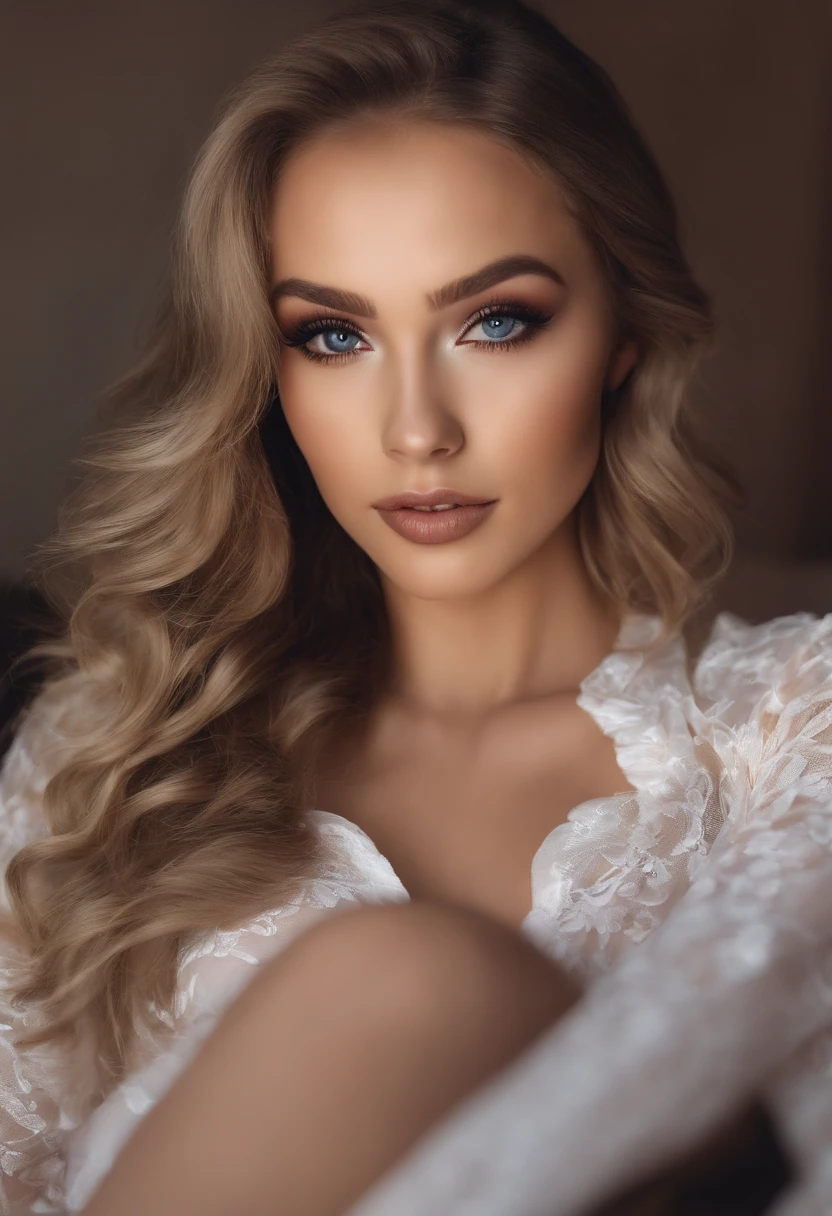 Woman lying on her stomach flat ,on the bed full bodyshot camera on top  wearing sexy lingerie. Sexy girl with blue eyes, portrait of Sophie Mudd, portrait of Corinna Kopf with blonde hair and big eyes. Selfie of a young woman, Violet Myers with makeup, hannaowo makeup style, face with Artgram, subtle makeup. Stunning full-body photo, fission, ultra-detailed face, ultra-realistic, with small defects.