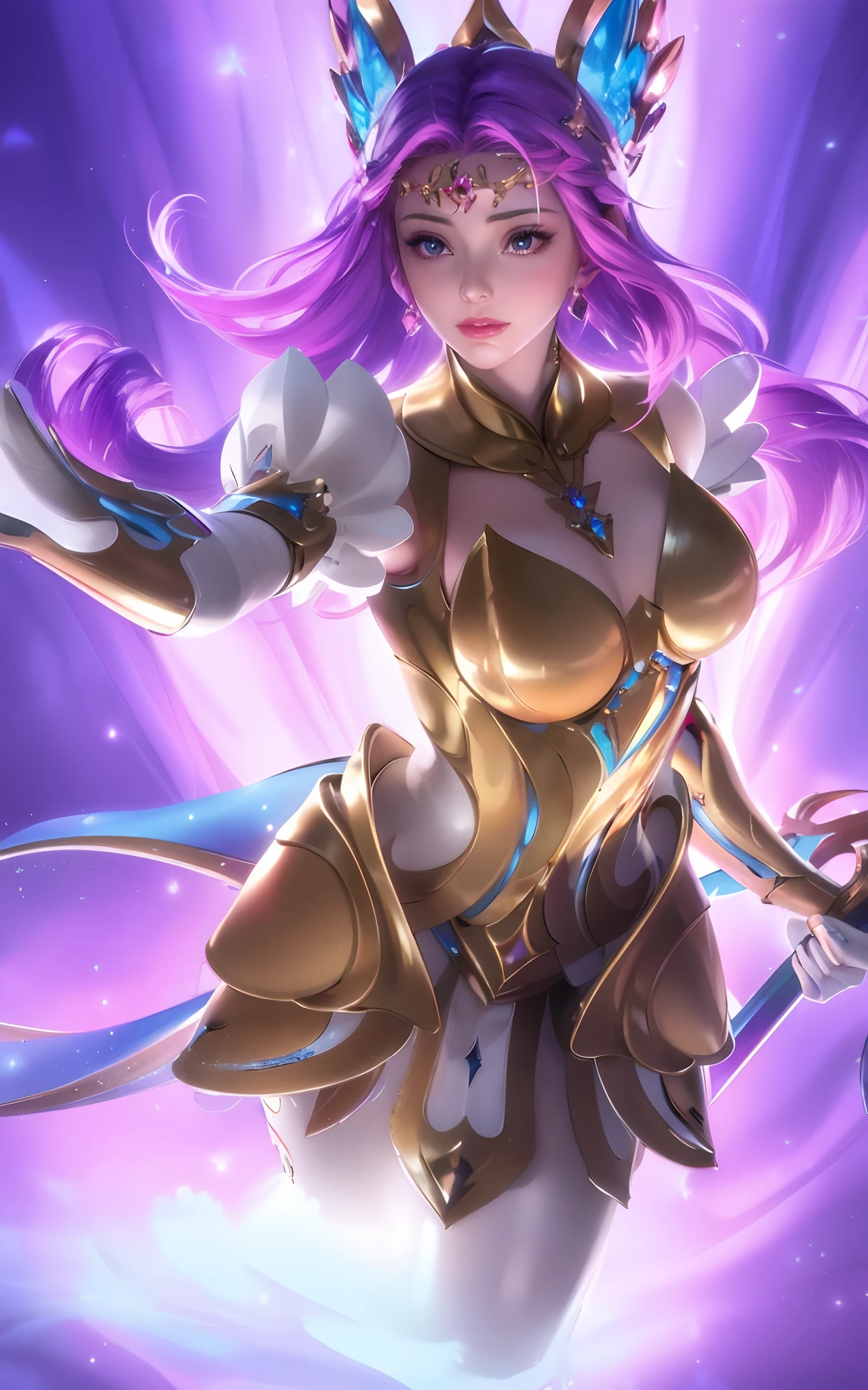 Close-up of a woman with purple hair and a crown on her head, Image inspired by Leona Wood, Artstation, fiction art, Photo of Knights Zodiac Girl, Knights Zodiac Girl, Zenra Talia, extremely detailed artgerm, Seraphine Ahri like this, Oriana, kda, cushart krenz key art feminine