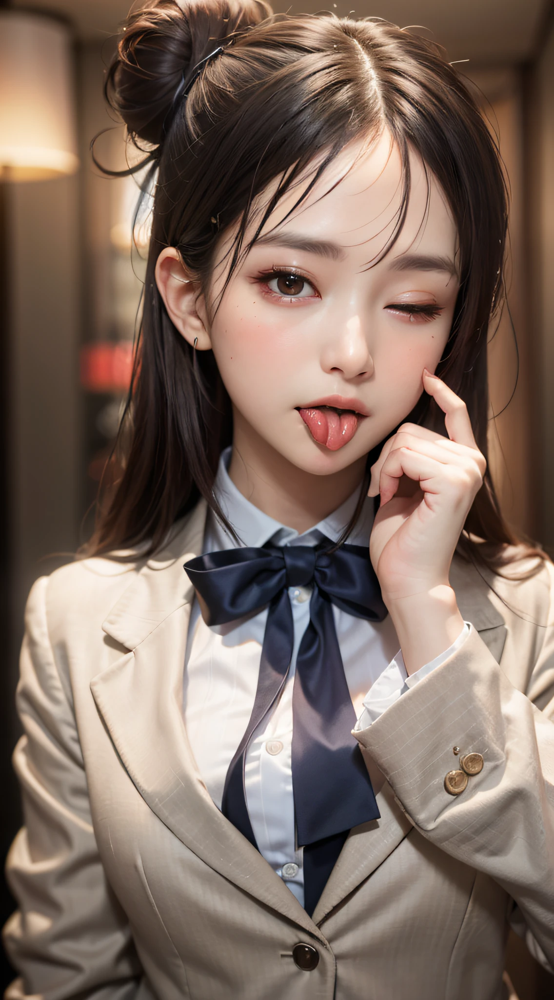 neon street at night, 1girl:1.3, 18 years old, slim body, tight buttocks, perfect body, (small breasts), thin thighs, (one eye closed, wink):1.3, BREAK, woman wearing(grey blazer, ribbon, high school uniform:1.2), dark-brown hair, hair bun, BREAK, (Natural Skin Texture, Detailed shiny-skin, black eyes, shiny-lipgloss, (tongue:1.8), Smile happily, perfect face, cute face, thin lips, small face, upper-body shot, (8K, high resolution, Best Quality, masterpiece:1.2), RAW, portrait, high resolution, top-quality, Hyper-Realism, (Photorealistic:1.3), intricate detailed, ultra sharpness, depth of fields, facing front, face focus up