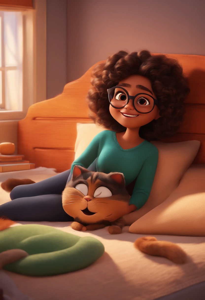 Menina de olhos castanho e cabelo preto estilo desenho animado, Pixar, wearing round glasses, segurando um gato , Both lying on the mattress smiling