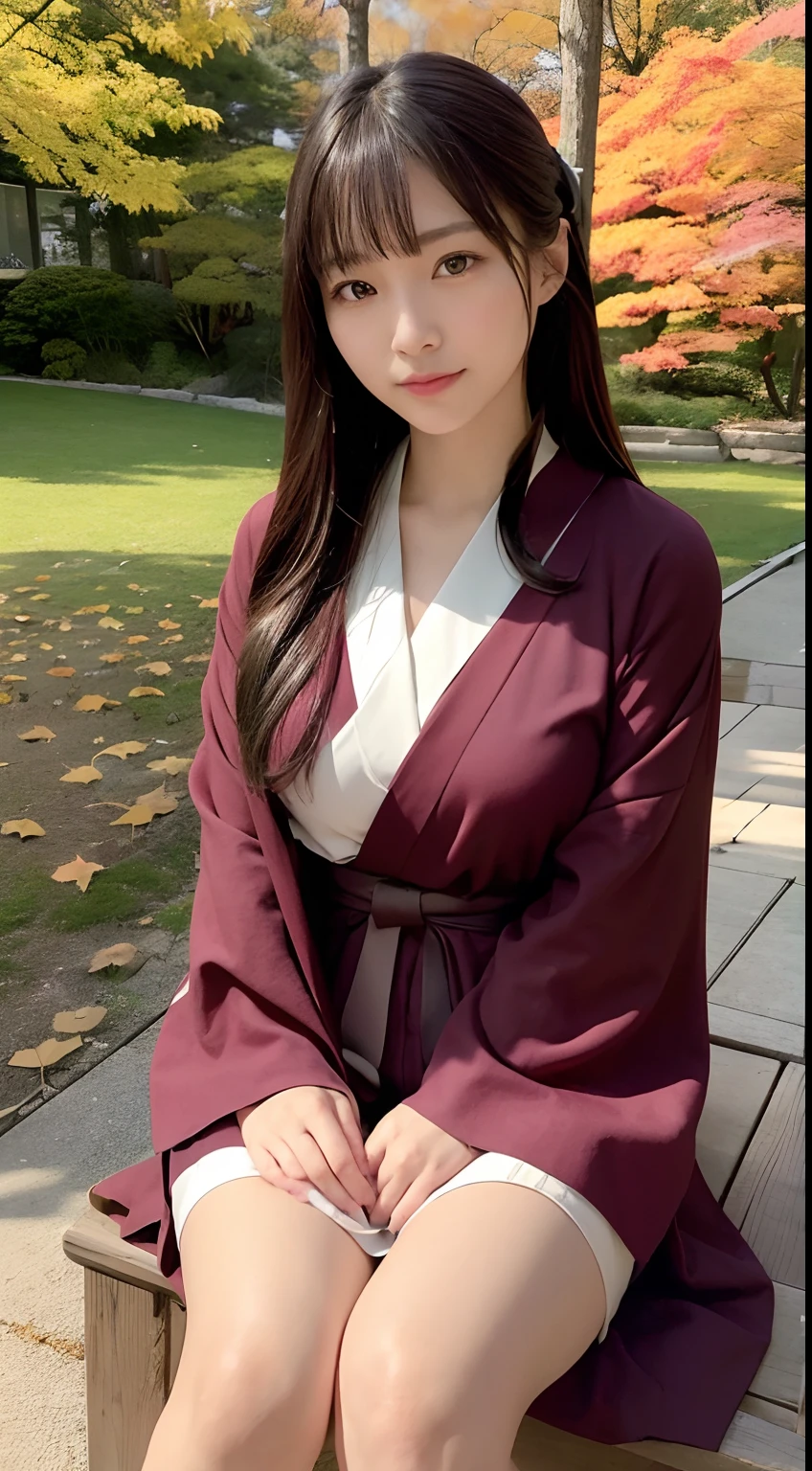 (Photorealsitic:1.4), (Top image quality:1.0), (超A high resolution:1.0), 8K, Raw photography, (​masterpiece:0.2), (pureerosface_v1:0.5)、(Best Quality Detail:1.2)、realisitic、8K UHD、hight resolution、(1girl in:1.2)、The ultra-detailliert、High quality textures、intricate detailes、detaileds、Very detailed CG、High quality shadows、Detail Beautiful delicate face、Detail Beautiful delicate eyes、depth of fields、Ray traching,1girl in, japanaese girl, Cute, slender, Red kimono、Floral scrunchie, Beautiful skin, Facing the front,Sit down, Sit upright and say thank you,Align your hands elegantly,Smile faintly The Land of Japan,Japanese garden,Luxury Japanese-style room, (In rows of maple trees:1.2), ((Autumn foliage scenery:1.3)), skyporn, Magic Hour, (Realistic:1.3), Finely detailed, quality, (masutepiece:1.2), (Photorealistic:1.2), (Best Quality), (Intricate details), Dramatic, Ray tracing, photograph, +Lola