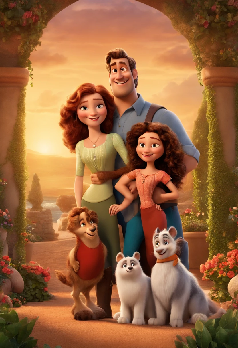 a Disney Pixar movie poster showing a white-skinned family. The father is the tallest, Tem barba curta, loiro, cabelos curtos e espinhosos. The mother has brown eyes and hair, shoulder-length and is slightly overweight. A menina tem 4 anos e cabelos castanhos, roupa rosa e rabos de cavalo. The background is a beach garden. 3D-rendering