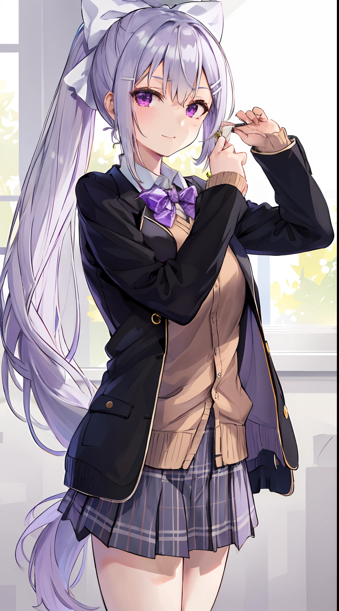 ​masterpiece, top-quality, Hi-Res, Kaede Higuchi, 1girl in, Virtual Youtuber, 独奏, length hair, mole under right eye, skirt by the, neck tie, jaket, a purple eye, sockes, poneyTail, hair adornments, white bow, Hair Bow, the bow, blazers, Very long hair, Purple tie, pleatedskirt, white sock, hair clips, Open your clothes, Cardigan, student clothes, Knee height, white  hair, Black jacket, The shirt, shirt with collar, Plaid, Open jacket, bangss、plaid skirts、a miniskirt、Tachie、white  shirt、long-sleeve、grey skirt、breastsout、Plaid tie、art by