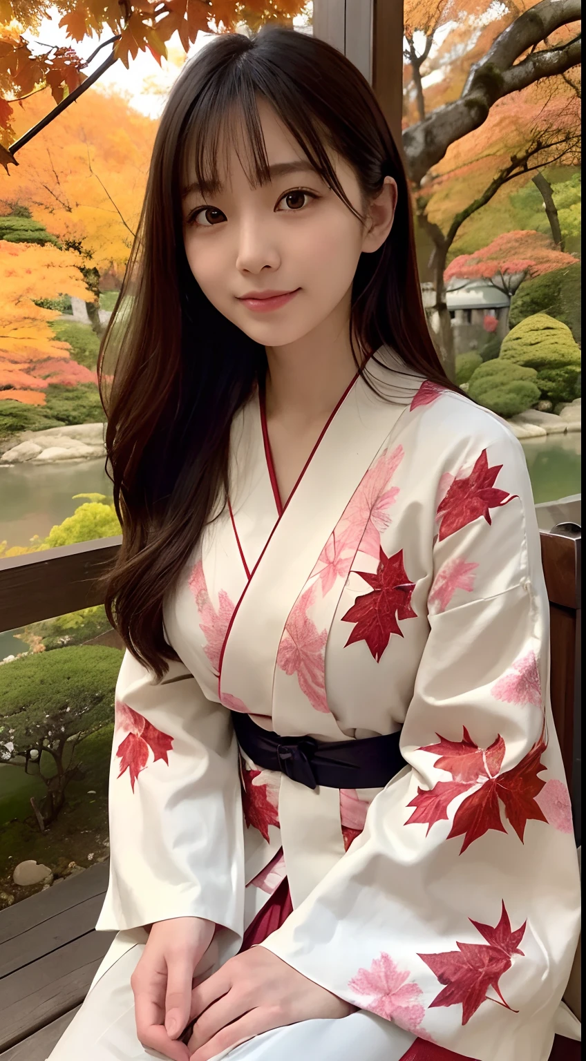 (Photorealsitic:1.4), (Top image quality:1.0), (超A high resolution:1.0), 8K, Raw photography, (masterpiece:0.2), (pureerosface_v1:0.5)、(Best Quality Detail:1.2)、realisitic、8K UHD、hight resolution、(1girl in:1.2)、The ultra-detailliert、High quality textures、intricate detailes、detaileds、Very detailed CG、High quality shadows、Detail Beautiful delicate face、Detail Beautiful delicate eyes、depth of fields、Ray traching,1girl in, japanaese girl, Cute, slender, Red kimono、Floral scrunchie, Beautiful skin, Facing the front,Sit down, Sit upright and say thank you,Align your hands elegantly,Smile faintly The Land of Japan,Japanese garden,Luxury Japanese-style room, (In rows of maple trees:1.2), ((Autumn foliage scenery:1.3)), skyporn, Magic Hour, (Realistic:1.3), Finely detailed, quality, (masutepiece:1.2), (Photorealistic:1.2), (Best Quality), (Intricate details), Dramatic, Ray tracing, photograph, +Lola