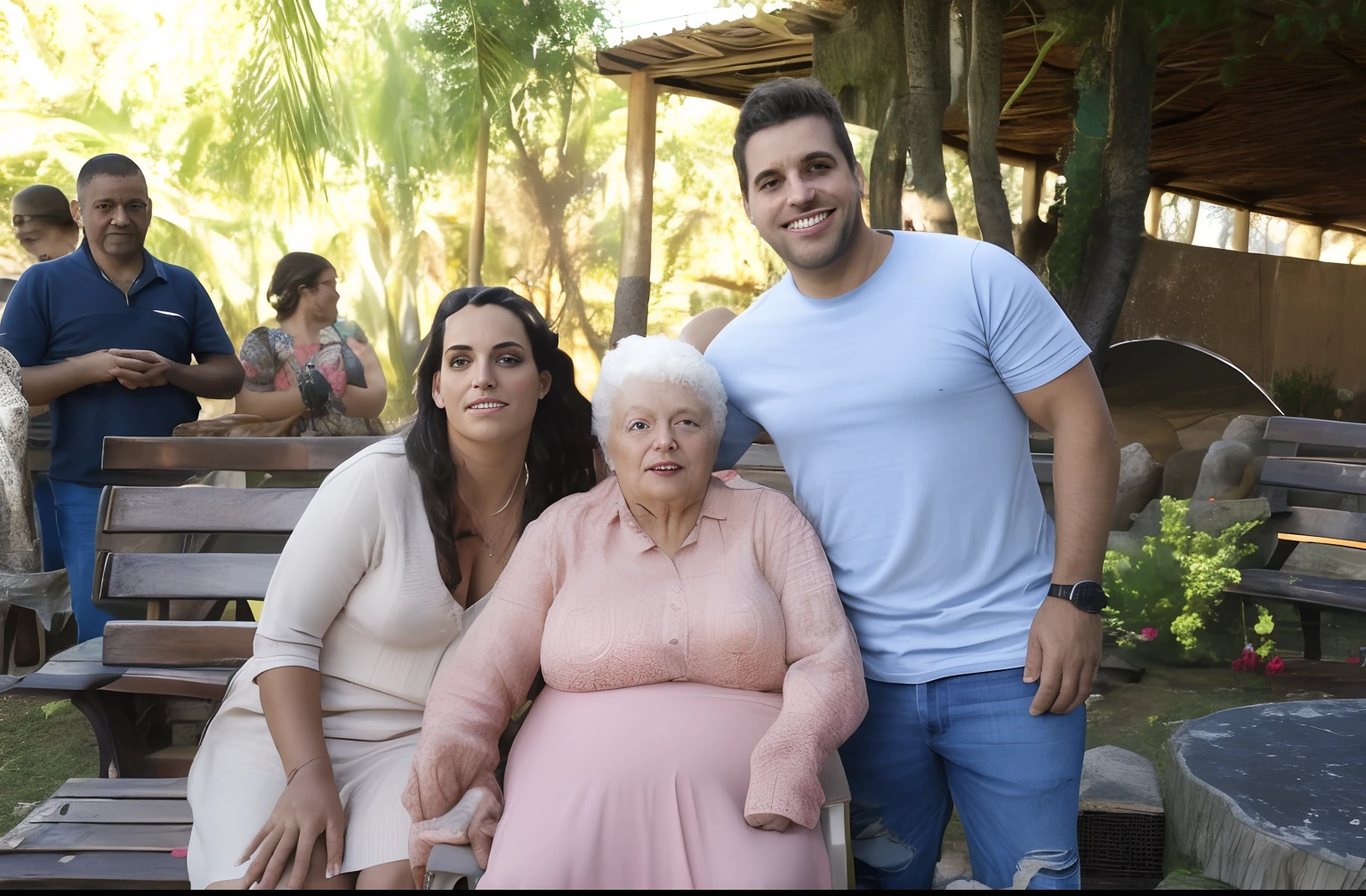There's two people next to a woman on a bench, belos arredores, Directed by: Judith Gutierrez, Directed by: Nandor Soldier, Directed by: David Ruby, pessoas bonitas, Directed by: Fernando Gerassi, Caroline Gariba, Directed by: Daniel Schultz, Directed by: Felipe Seade, adulto, visual deslumbrante, Senhora bonita, Directed by: Sam Dillemans, Valentina Embaralhamento, Antecedentes complexos