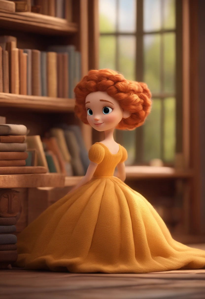 Create Pixar Poster Style Character in 3D in 4k.The scenery, an atelier, There's a bookshelf with amigurumi, wool threads, The place is lovely, com cores claras e aconchegantes.
The main character is a white-skinned woman, cabelo longo, castanho claro, tem olhos castanhos, Honey-colored hair
The main character's outfit is a long dress, de tecido leve e cor rose, com mangas compridas. She's sitting around making an amigurumi