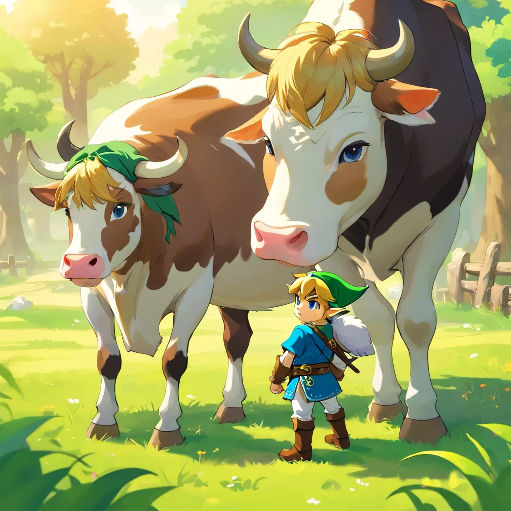 The and the cow look at each other