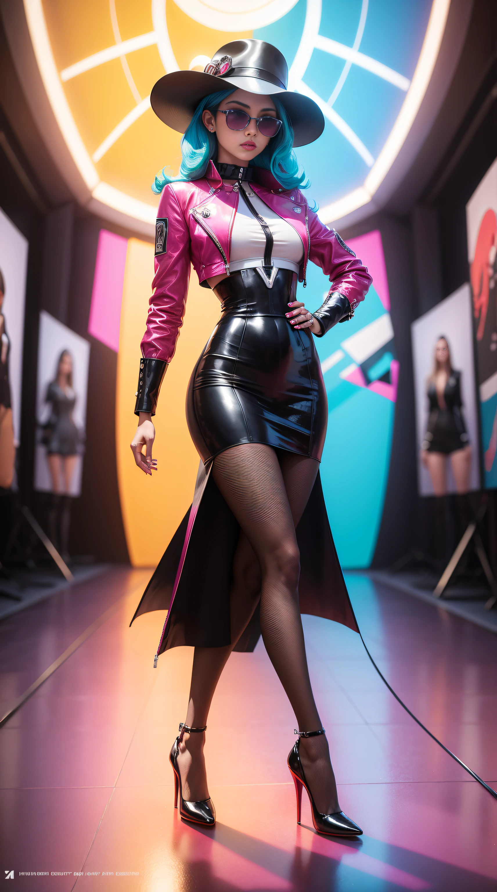 1 Beautiful fashion female model, Exaggerated hats,(Colorful fashion heels),Standing in the middle of the runway show, 1970s futuristic retro school(in pop art style)garments,sun glasses,concept-art,trending on artstationh, Intricate, high-density imaging review, Ultra-high definition, Studio lighting,physically-based renderingt, .(Best quality,4K,8K,A high resolution,Masterpiece:1.2).