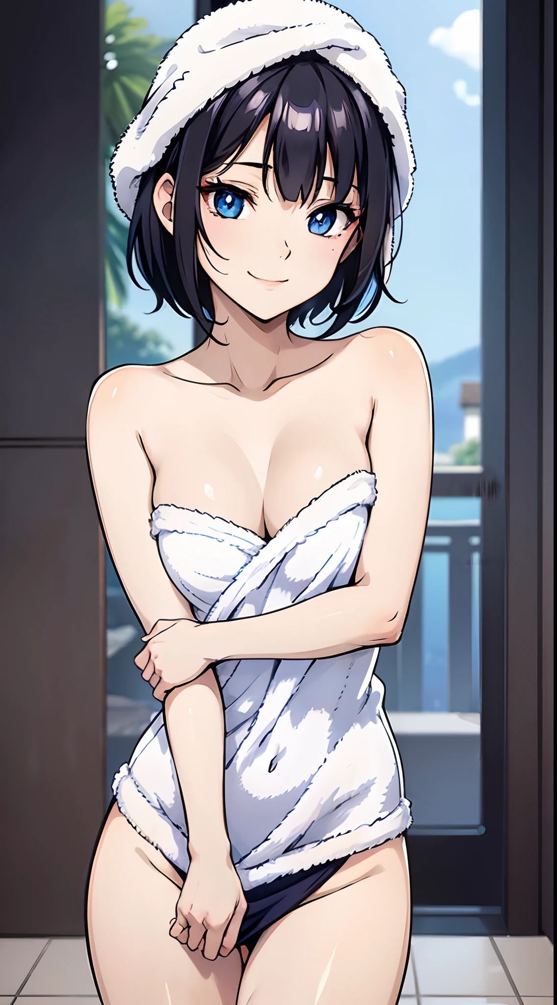 TOWEL, cleavage,short hairs,blue eyes,black hairs,((small breasts)),smile,