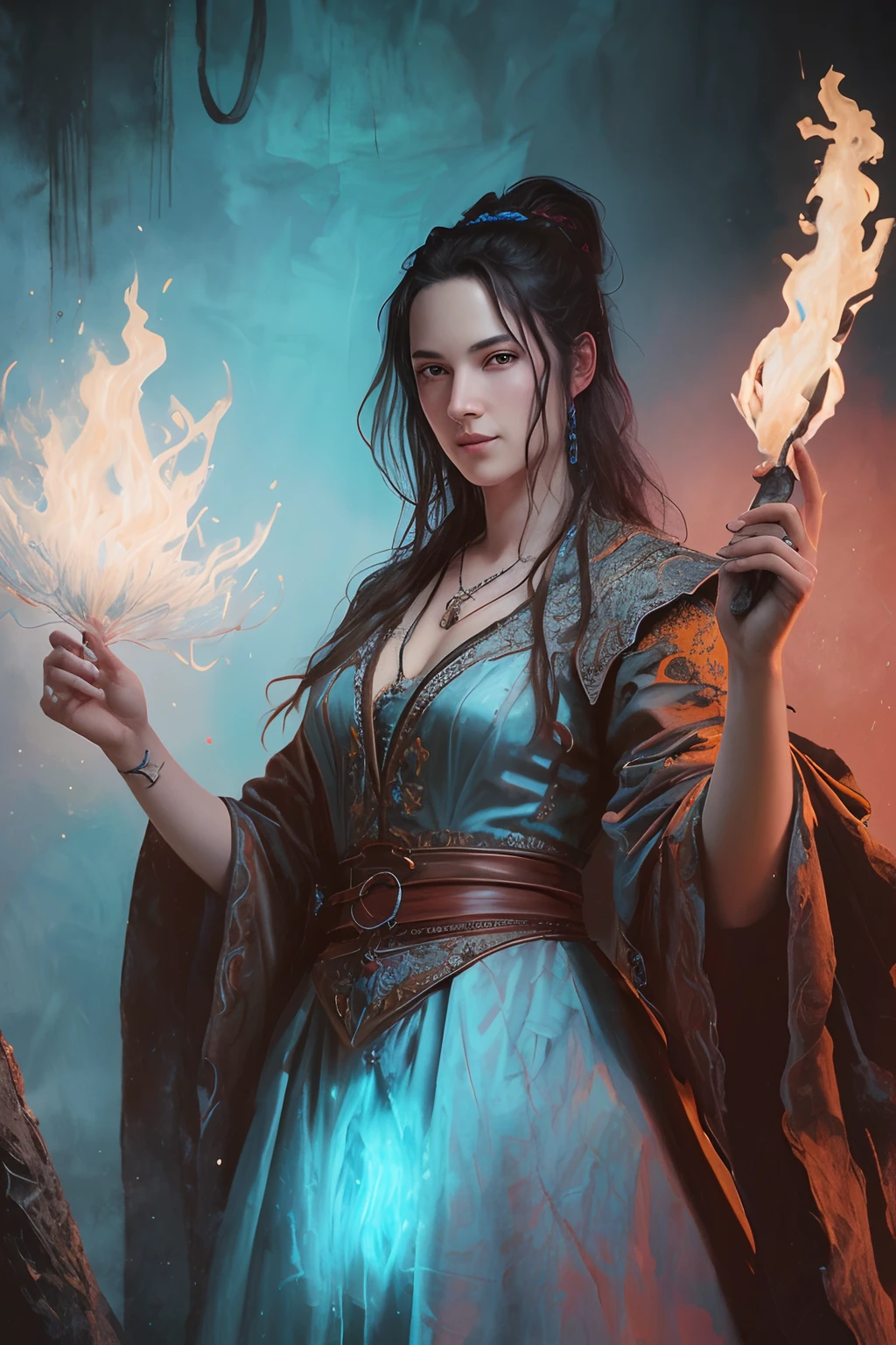 a medium color portrait illustration of an attractive female wizard with a ponytail wearing long loose flowing blue intricately embroidered wizard robes smiling, masterpiece, best quality, highly detailed (dungeon background), mage_glam, necklace, pouches, belts, (large glowing runed circles), fire and ice, casting a spell, highly detailed face, ultra high resolution, in the style of adrian ghenie, esao andrwes, jenny saville, endward hopper, surrealism, dark art by james jean, takato yamamoto, inkpunk minimalism, Best quality details, realistic, High definition, High quality texture, epic lighting, Cinematic film still, 8k, soft lighting