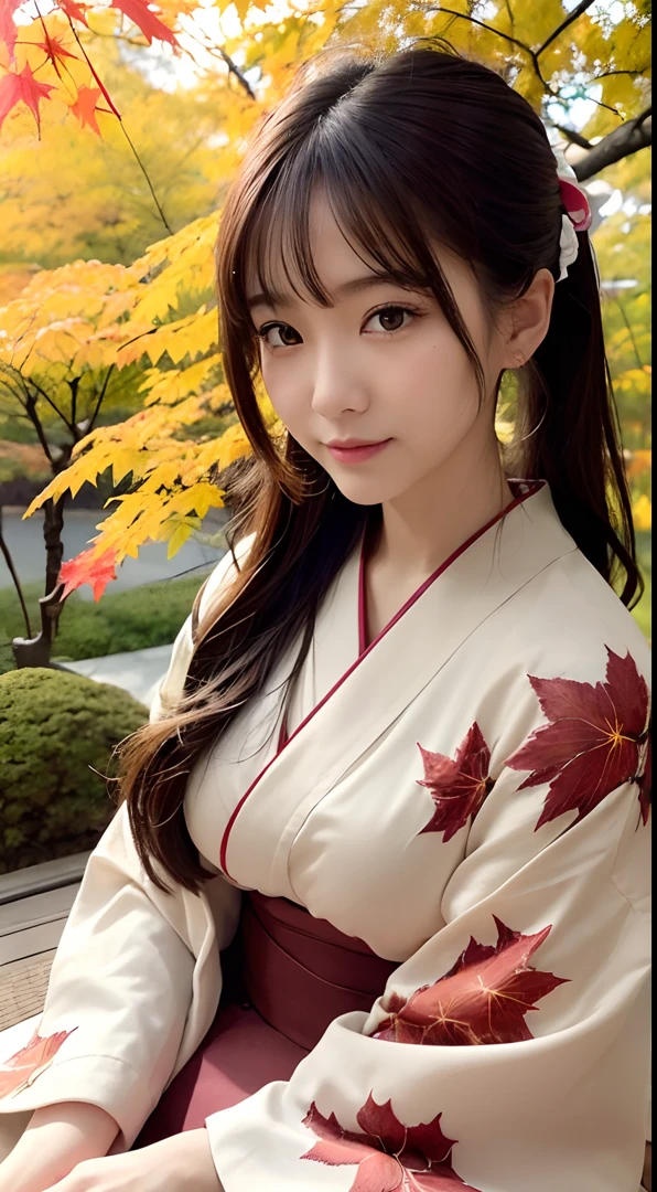 (Photorealsitic:1.4), (Top image quality:1.0), (超A high resolution:1.0), 8K, Raw photography, (​masterpiece:0.2), (pureerosface_v1:0.5)、(Best Quality Detail:1.2)、realisitic、8K UHD、hight resolution、(1girl in:1.2)、The ultra-detailliert、High quality textures、intricate detailes、detaileds、Very detailed CG、High quality shadows、Detail Beautiful delicate face、Detail Beautiful delicate eyes、depth of fields、Ray traching,1girl in, japanaese girl, Cute, slender, Red kimono、Floral scrunchie, Beautiful skin, Facing the front,Sit down, Sit upright and say thank you,Align your hands elegantly,Smile faintly The Land of Japan,Japanese garden,Luxury Japanese-style room, (In rows of maple trees:1.2), ((Autumn foliage scenery:1.3)), skyporn, Magic Hour, (Realistic:1.3), Finely detailed, quality, (masutepiece:1.2), (Photorealistic:1.2), (Best Quality), (Intricate details), Dramatic, Ray tracing, photograph, +Lola