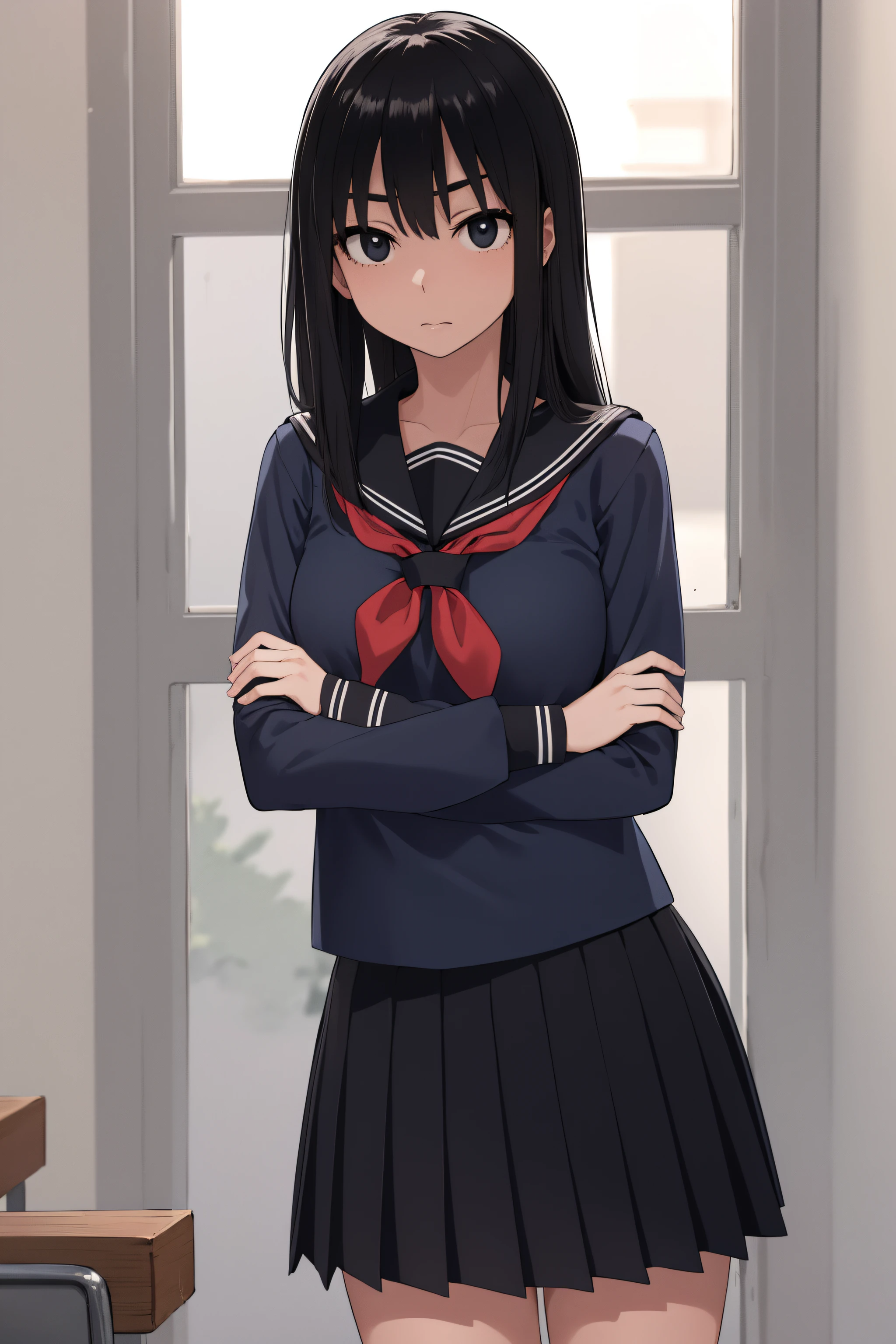 sakiyoshida, saki yoshida, long hair, hair between eyes, (black eyes:1.5), black hair,
BREAK skirt, pleated skirt, serafuku, shirt, (blue shirt:1.2), long sleeves, long skirt, blue skirt, blue sailor collar, sailor collar, neckerchief, red neckerchief,
BREAK indoors, classroom,
BREAK looking at viewer, (cowboy shot:1.5),crossed arms,angry, pov, 
BREAK (masterpiece:1.2), best quality, high resolution, unity 8k wallpaper, (illustration:0.8), (beautiful detailed eyes:1.6), extremely detailed face, perfect lighting, extremely detailed CG, (perfect hands, perfect anatomy),