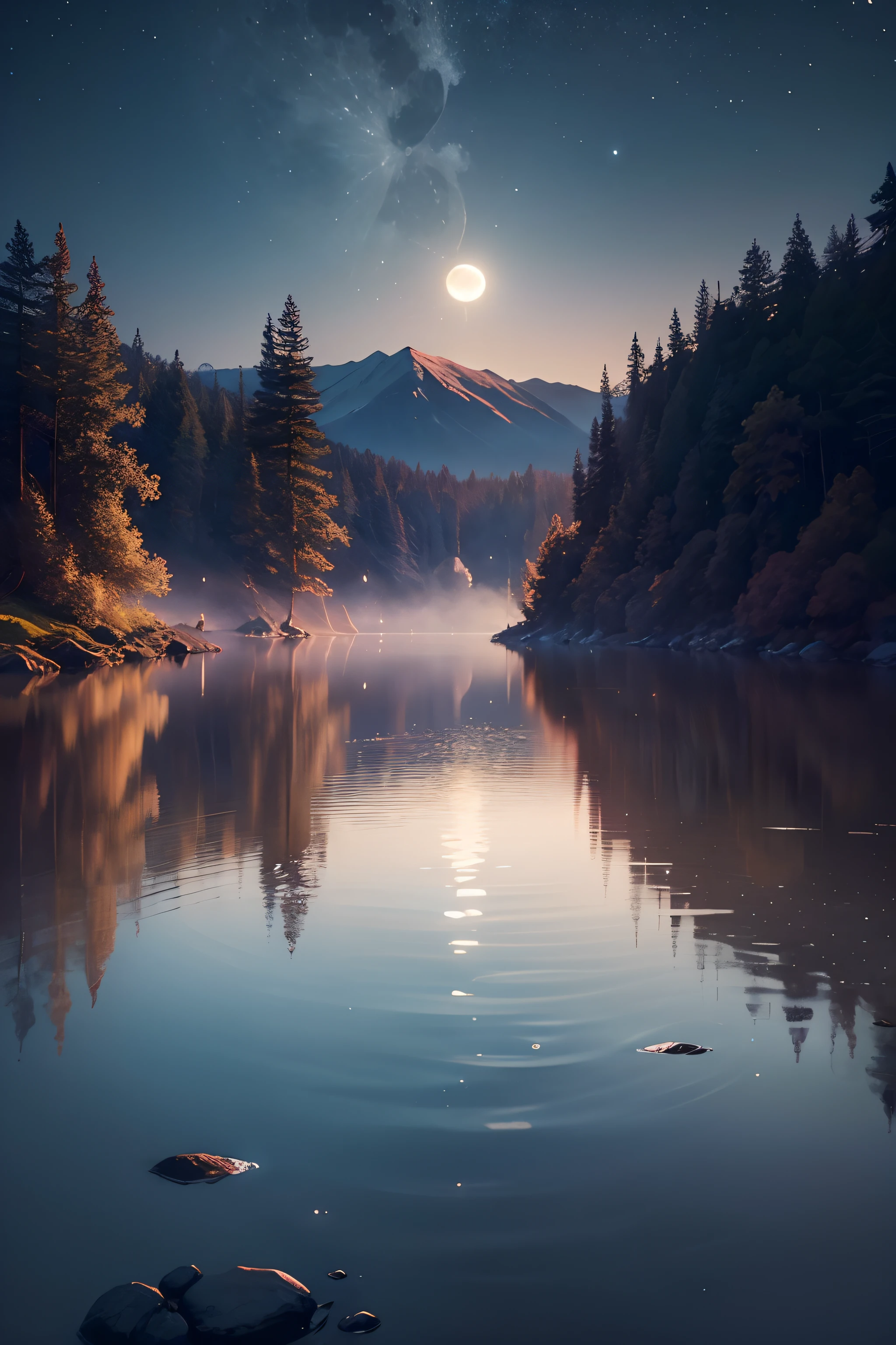 A harmonious scene of the moon delicately reflected in calm waters. Twinkling stars dot the dark sky, The surrounding nature is shrouded in a light and mysterious mist. Let your imagination come to life in this night painting full of calm and serenity."