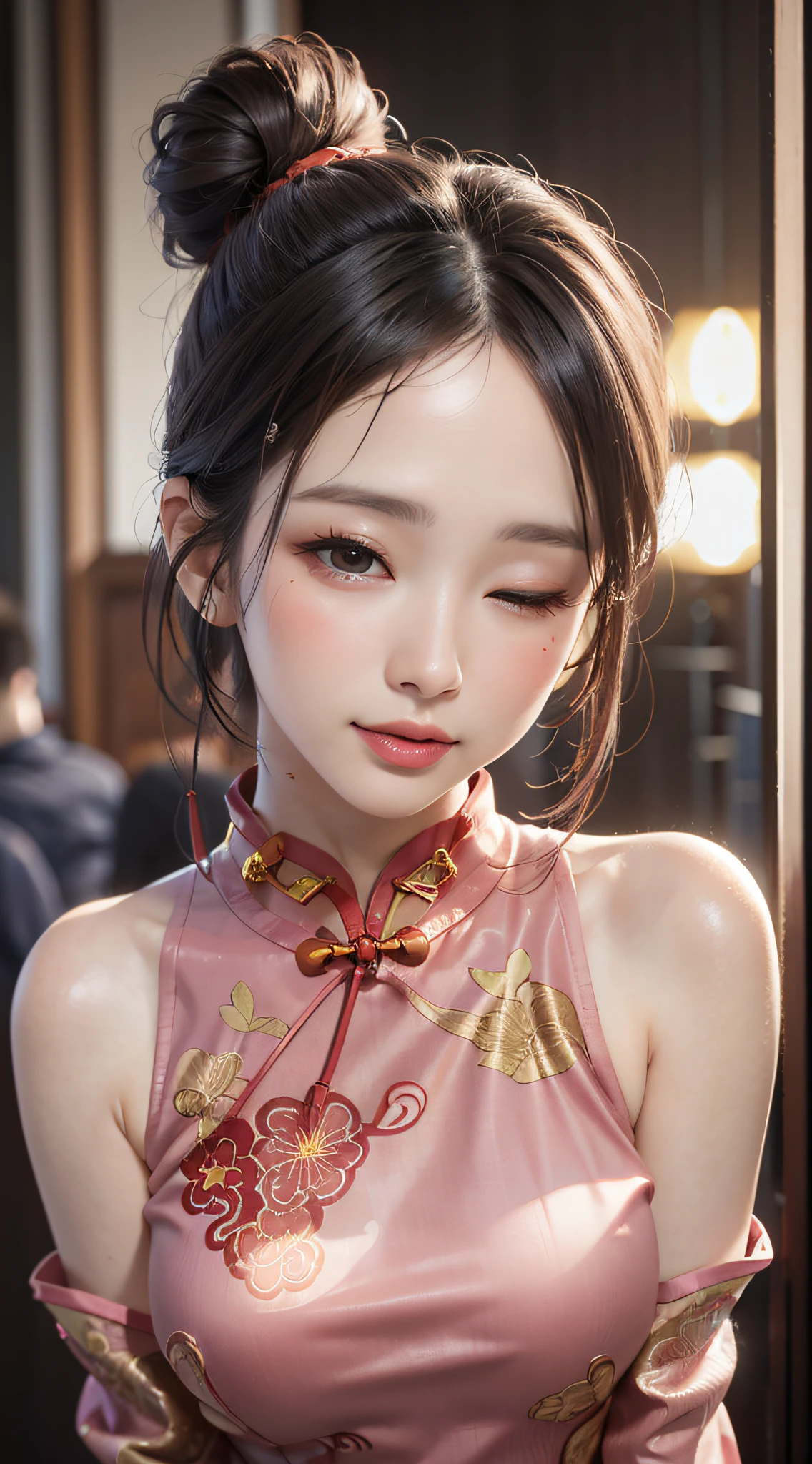 neon street at night, 1girl:1.3, 25 years old, (light pink, tongue):1.5, slim body, tight buttocks, perfect body, (medium breasts), thin thighs, (one eye closed, wink):1.3, BREAK, woman wearing(National style cheongsam, glossy:1.5), show cleavage, dark-brown hair, hair bun, BREAK, (Natural Skin Texture, Detailed shiny-skin, black eyes, shiny-lipgloss, Smile happily, perfect face, cute face, thin lips, small face, upper-body shot, (8K, high resolution, Best Quality, masterpiece:1.2), RAW, portrait, high resolution, top-quality, Hyper-Realism, (Photorealistic:1.3), intricate detailed, ultra sharpness, depth of fields, facing front, face focus up