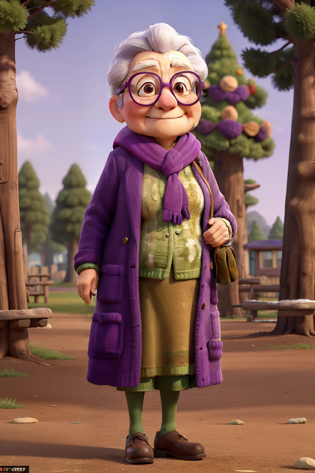 masterpiece, best quality, an old woman with glasses and a scarf on, wearing a purple coat and green scarf, standing at the park