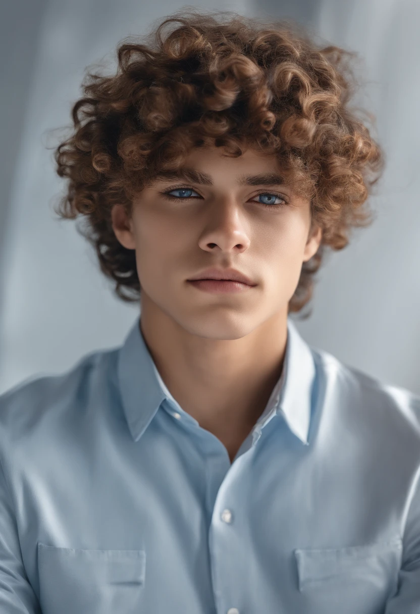 Curly-haired boy in blue shirt looking at camera, rosto suado, no facial features, em uma academia, em torno de 1 7 anos, detailed unblurred face, olhos castanho, olhos pesados para o lado, Fotografia selfie 8k, front camera, tired face, rosto sujo e gorduroso, rosto muito detalhado, altamente_circunstanciado_rosto!!!