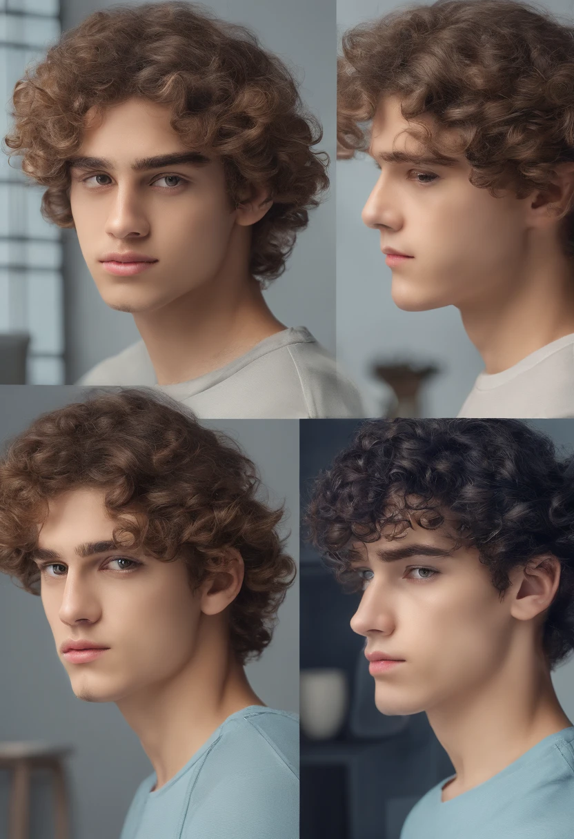 Curly-haired boy in blue shirt looking at camera, rosto suado, no facial features, em uma academia, em torno de 1 7 anos, detailed unblurred face, olhos castanho, olhos pesados para o lado, Fotografia selfie 8k, front camera, tired face, rosto sujo e gorduroso, rosto muito detalhado, altamente_circunstanciado_rosto!!!