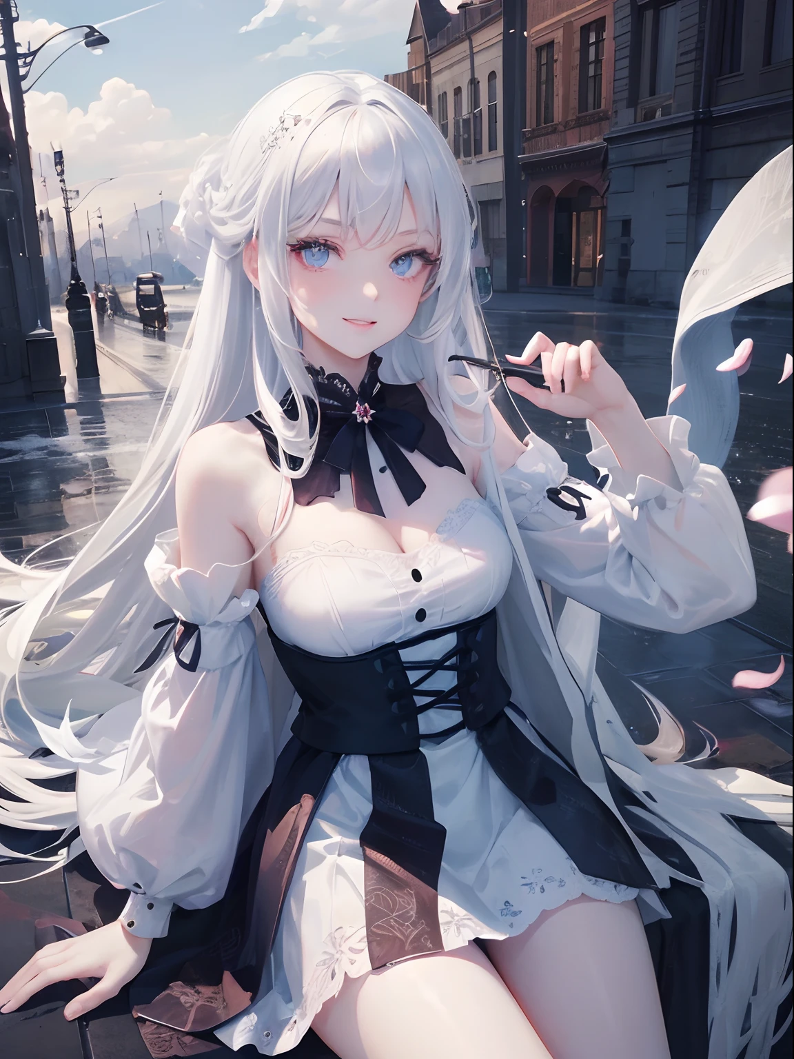 masutepiece, Highest Quality, (Perfect face:1.1), (high detailing:1.1), (ultradetailed eyes), Dramatic, superfine illustration, Extremely detailed, 1girl in, (pale skin), long white hair, Ethereal eyes, (light eyebrow), ((Lovely smile)), Solo, Long hair,Pouty lips, Proud Expression, Laughing, Cinematic lighting, Looking at Viewer, Cowboy Shot,Cloudy sky,Flowers of the Caucasus region,\(flower\),Falling petals,