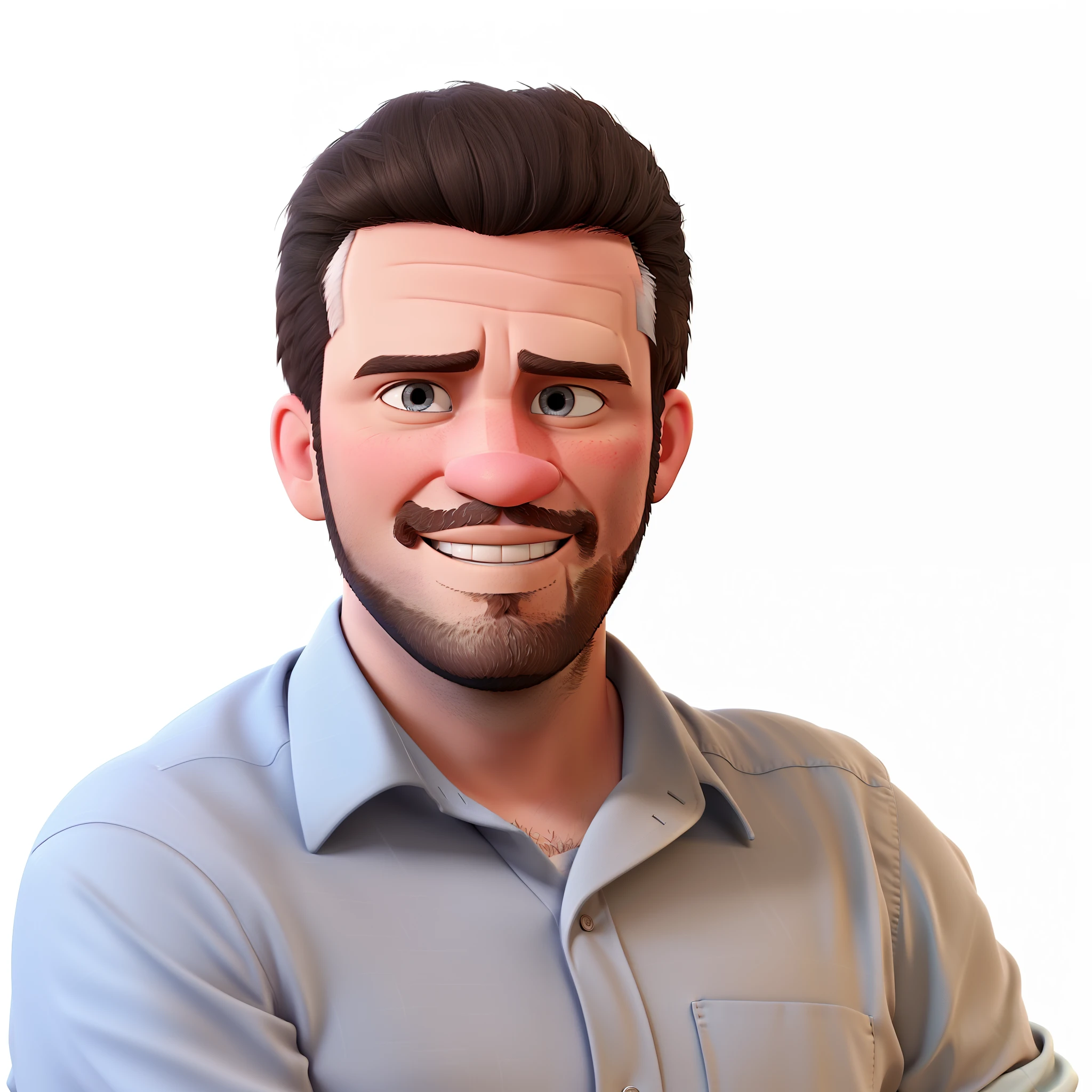 Using the image given create a 3d-animation style characterd based on the disney pixar characters. The person on the pictures is a middle-aged man, app 30-years-old; big nosed; v-shaped faced; not too fat, slim, or bulky body; short dark hair, combed over backwards; short beard; black eyes; Make it the nose not as rounded; Remove expression marks;