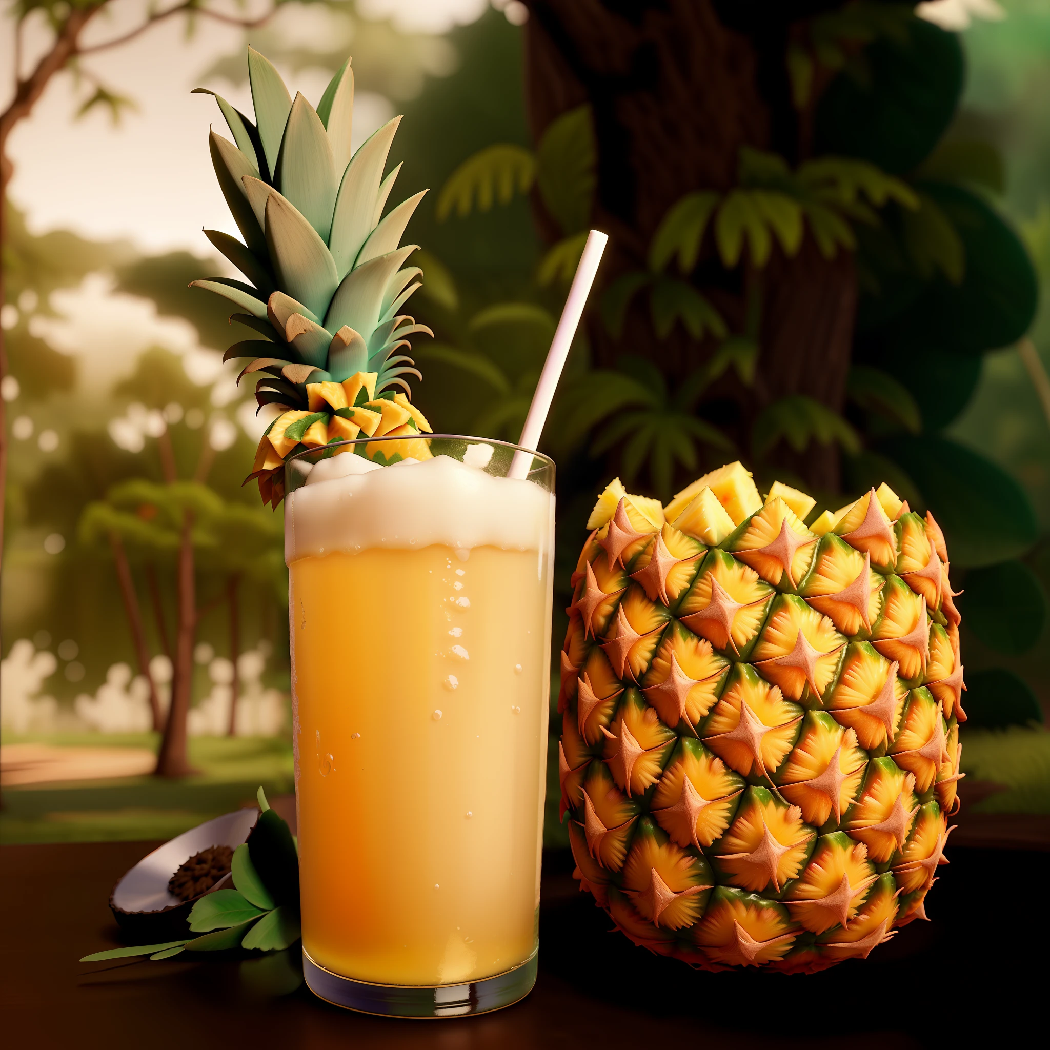 pineapple juice, forest background estilo disney pixar, alta qualidade, melhor qualidade