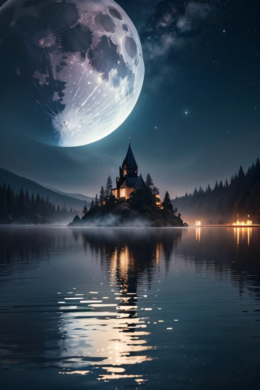 "Uma noite tranquila e tranquila, Aproveite um brilho prateado. A harmonious scene of the moon delicately reflected in calm waters. Twinkling stars dot the dark sky, Creating a magical atmosphere. The surrounding nature is shrouded in a light and mysterious mist. Let your imagination come to life in this night painting full of calm and serenity."