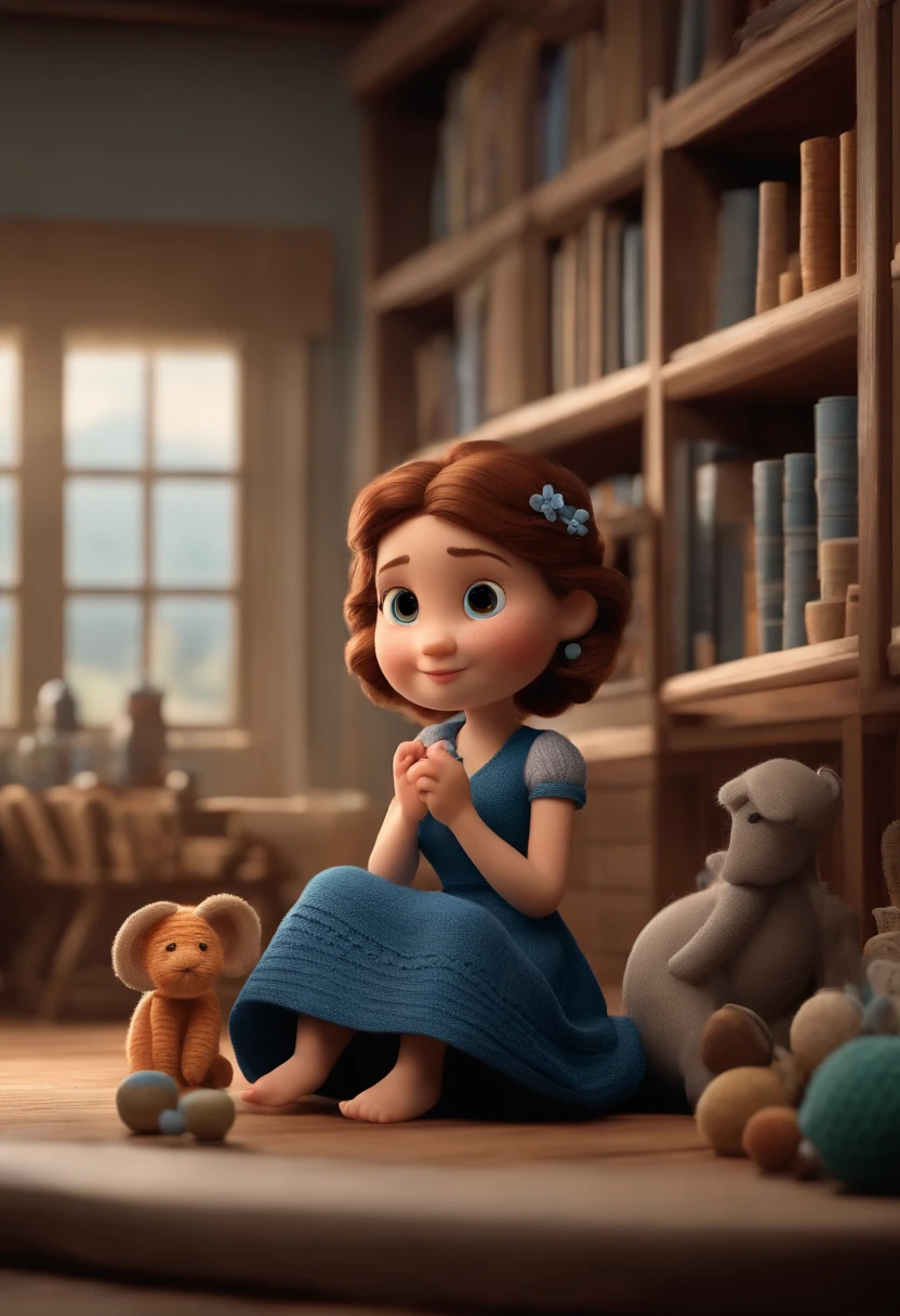 Create Pixar Poster Style Character in 3D in 4k.The scenery, an atelier, There's a bookshelf with amigurumi, wool threads, The place is lovely, com cores claras e aconchegantes.
The main character is a white-skinned woman, cabelo longo, castanho claro, tem olhos esverdeados.
The main character's outfit is a long dress, de tecido leve e cor azul com mangas compridas. She's sitting there making an elephant amigurumi