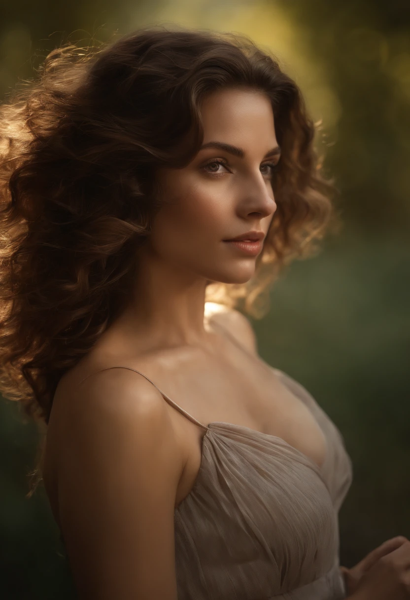 Portrait of a pretty woman with wavy brown hair and brown eyes ,dans un champ venteux, river, (contre-jour), Realstic, Masterpiece, Highest quality, Lens Flare, ombre, fleurir, [[aberration chromatique]], par Jeremy Lipking, par Antonio J. Manzanedo, digital painting, Style-GlassFinal, Texture naturelle de la peau