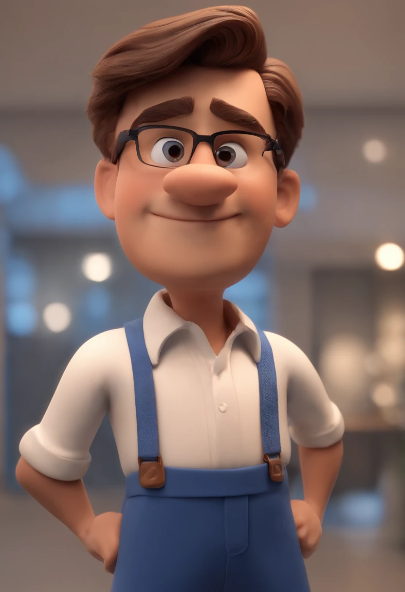 personagem dos desenhos animados de um homem e uma camisa azul, animation character, Caractere estilizado, animation style rendering, 3D estilizado, Arnold Maya render, 3 d render stylized, toon render keyshot, Personagem 3D, Personagem 3D, 3d rendering stylized, 3 d character render, personagem de desenho animado, Personagem de close up, Pose de personagem, (Estilo Pixar) (master part:1.2) (Bokeh) (best quality) (pele detalhada) (textura detalhada) (8k) (argila) (Cinematic lighting) (foco nítido) He's inside a bank branch.