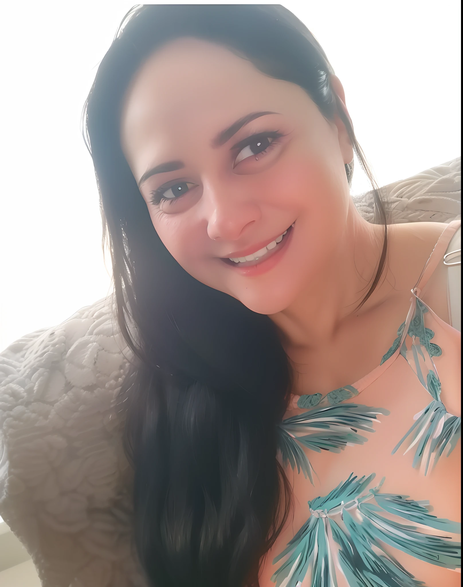 Tem uma mulher brasileira , cabelos castanhos claros, olhos castanhos amendoados , branca , sorrindo , and crocheting, tipo amigurume, in a room with lots of crochet threads, with a square full of children ,Playing with crochet dolls.