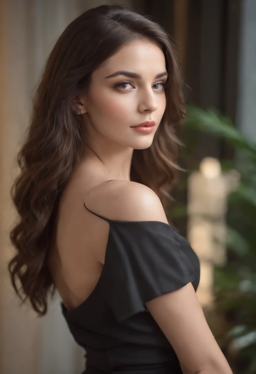 hyper realistic photo, andar de corpo inteiro, (de uma mulher bonita), Beautiful and detailed fascinations, olhar cativante com seus belos olhos azuis, anatomia perfeita, posing in front of a reflex camera, com luz natural e brilhante, reflete a luz e brilha em seu lindo cabelo preto macio e levemente ondulado, Elegantly dressed in stylish black top and pants, Uma top model, with great self-confidence, 8k UHD, uma obra-prima, 3D rendering