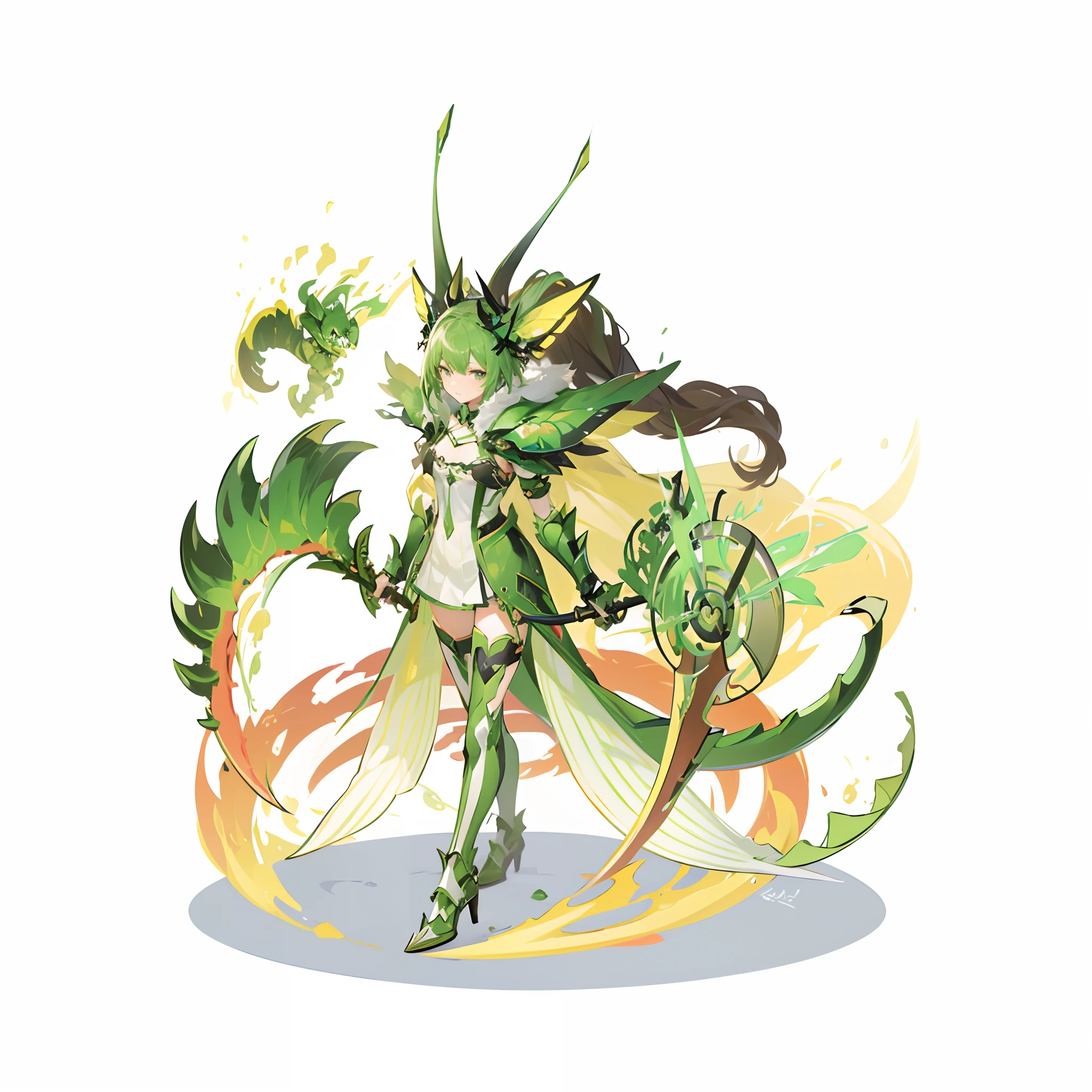 Green metal armor，Scythe in hand，Green hair，Insect antennae