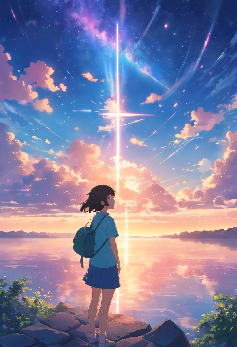 tmasterpiece,Clouds,huge big breasts,heart shapes,Properties of marshmallow,White-pink tones,Overall Top,high detail photo,blue-sky,Blue,light wind,Illustration,Clean and bright,Huge little,Cross the sky from bottom to top,Bright light、shooting stars、evening glow