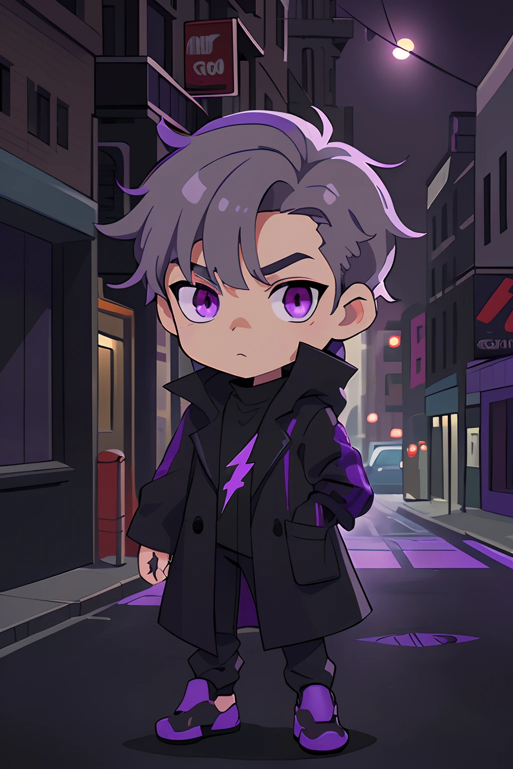 Concept art, original character design, Q version of the character, best quality, ((1 boy)), (short dark grey hair, bangs, cool purple eyes, black coat), (thunder, street paint background), (chibi)