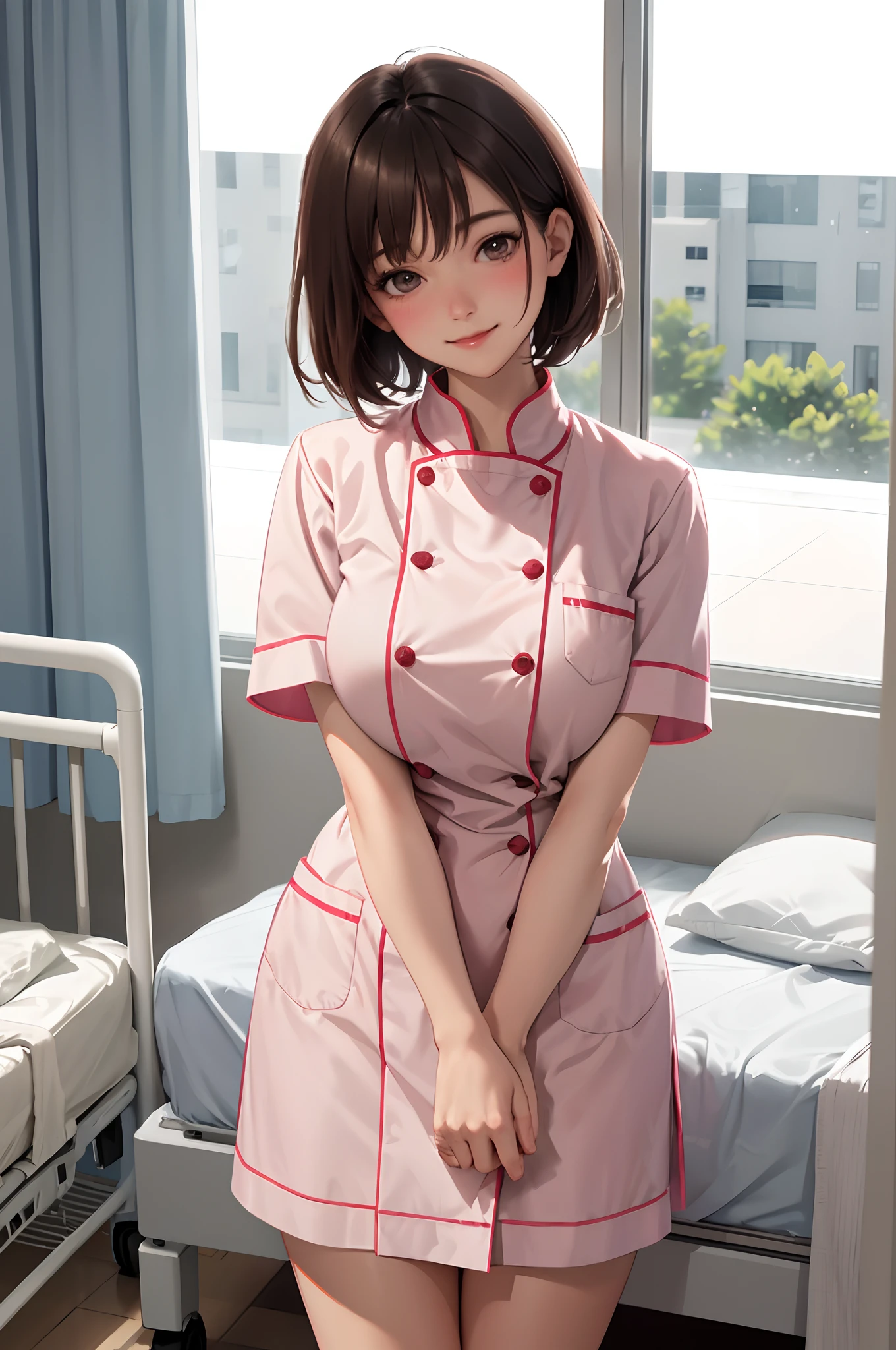 1lady standing next to the bed, nurse, /(nurse uniform/), /(brown short hair/), blush kind smile, (masterpiece best quality:1.3) delicate illustration ultra-detailed, large breasts arms down BREAK /(hospital patient room/) patient's bed /(window tree/)