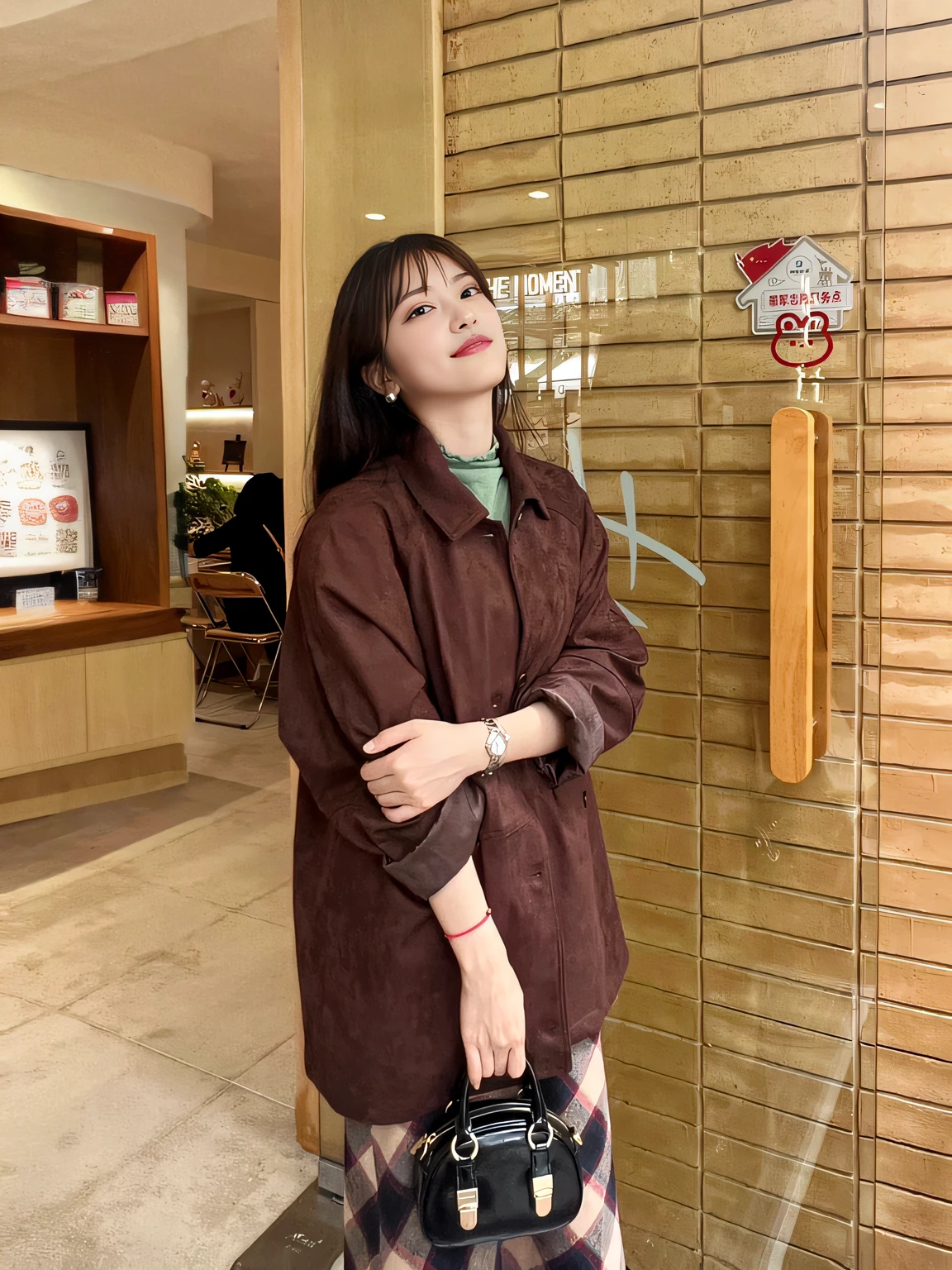 Next to a wooden display case,There are some milk tea ingredients and utensils in the display case,The salesman is holding a milk tea concoctor in his hand,Concentrate on making milk tea