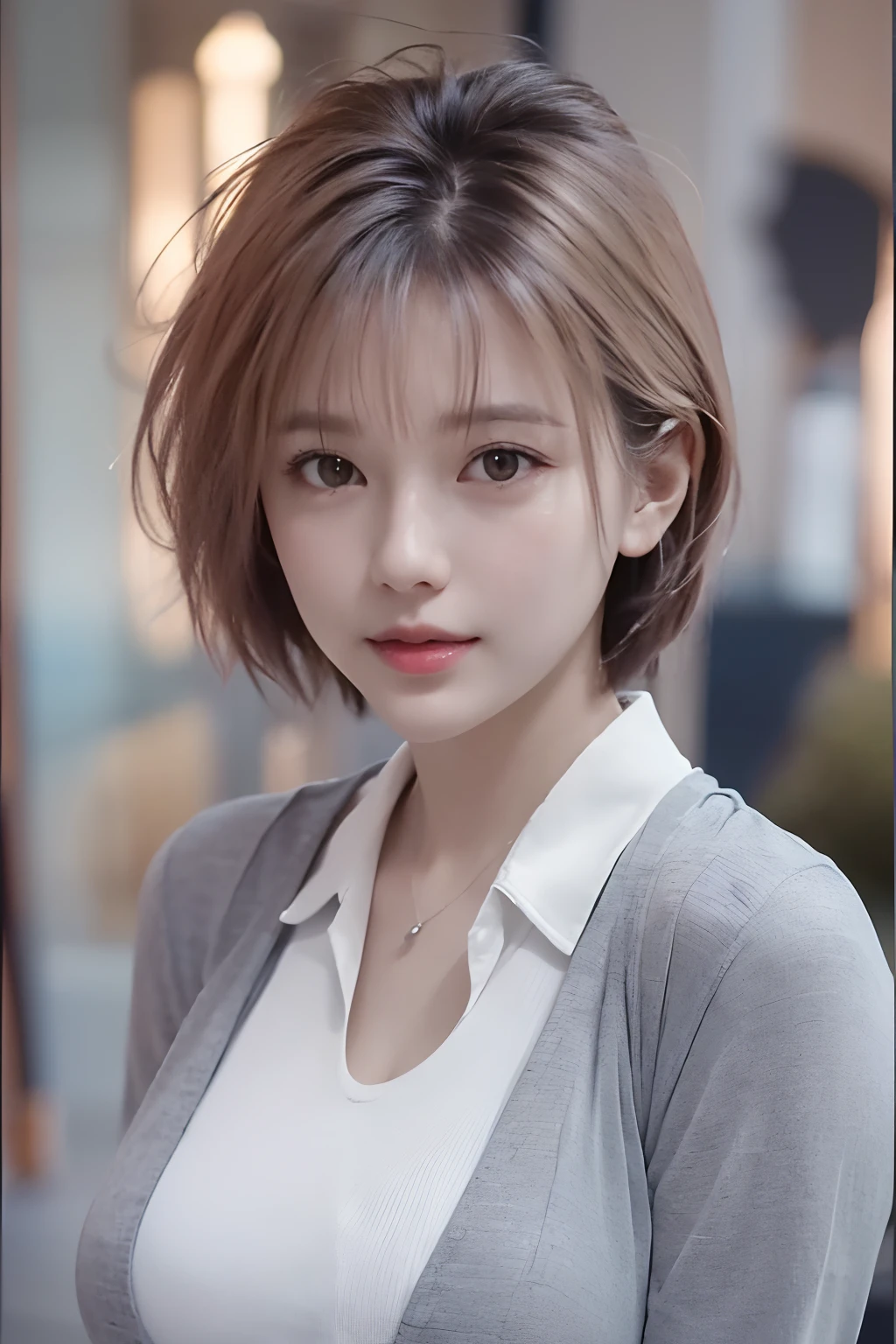 Photorealistic、Highest quality、Highest quality、masterpiece、Ultra-high resolution、Raw photo、Realistic、Bright lighting、Face Light、Smooth Professional Lighting、Looking at the camera、alone、Adult women、Beautiful woman、Super Beauty、Realistic肌、Moisturized Skin、Realistic eyes and faces、Perfect model body shape、Beautiful Eyes、Big eyes、Inconspicuous tear bags、slim、Big Breasts、No bra、No makeup、Very short hair、Black Hair、Black Eye、looks fun、The ears are hidden in the hair、Beige jacket、White shirt、