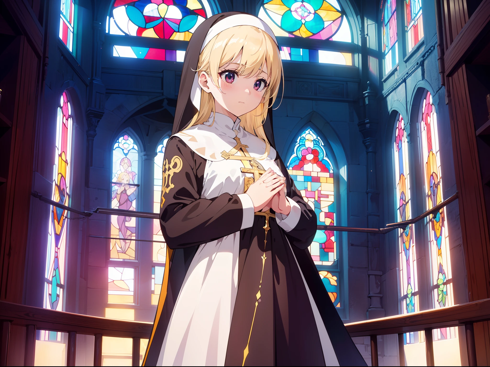 1 cute nun girl, (((praying))) ,cowboy shot, (wide shot) ,(from below:0.9) , (front),cinematic lighting, colorful lighting,blonde hair, ((Expressionless)) ,(background Stained glass) , high resolution,(incredibly absurdres),anime visual,extremely detailed CG unity 8k wallpaper, ((masterpiece)), ((top-quality)), (beautiful illustration), ((an extremely delicate and beautiful))