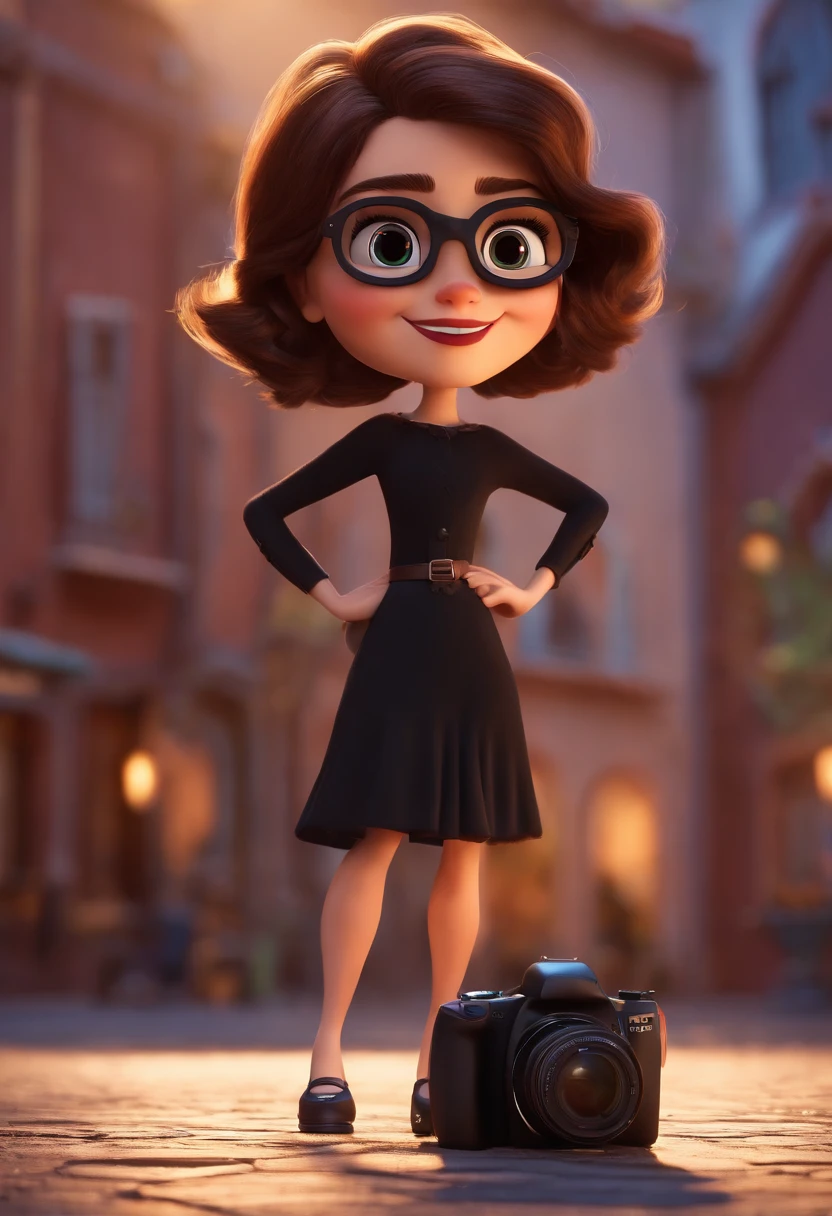 Pixar style image with 3D character glasses brunette woman short brown hair, with a makeup-free camera photographer dressed in black Disney outfit, bonitinho, sorridente ,Close-up, Pixar, Disney, Cinema lighting