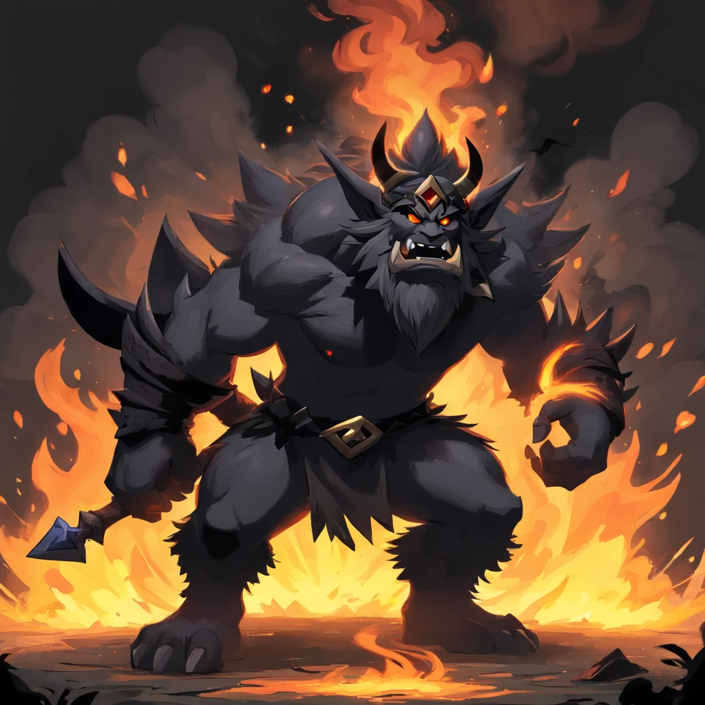 there is a drawing of a demon with a sword and a fire, minotaur from path of exile, arte conceitual digital diablo, demon berserker, arte conceitual diablo, arte conceitual demon soul, muscled humanoid balrog demon, um lobo minotauro, djinn man male demon, male djinn man demon hybrid, samurai touro da lua