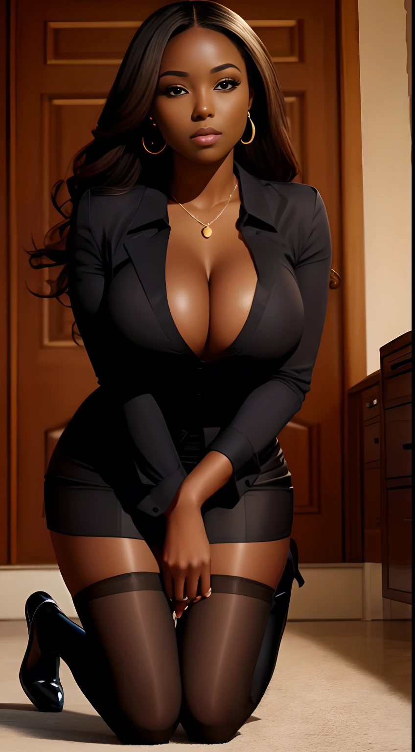 Beautiful woman, kneeling down, on her knees, dark skin, blouse, unbuttoned, mini skirt, pantyhose, knee high boots