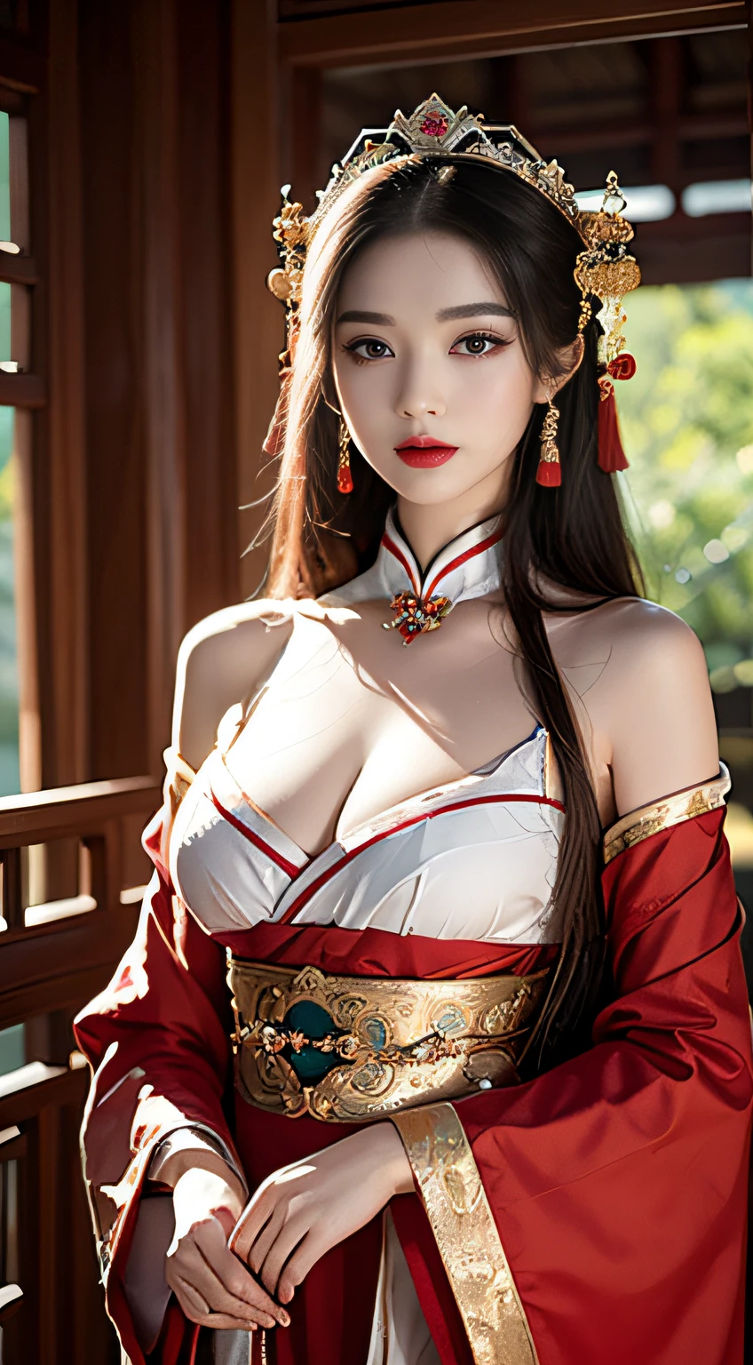 best qualtiy，tmasterpiece，Ultra-detailed high resolution，（Photorealsitic：1.4），RAW photogr，，illustratio， Chinese woman in red dress, Beautiful fox queen, eye looking to camera，The three huge white fox tails are very conspicuous，The tail is raised high，Big red dress，No chest exposed，Princesa chinesa antiga, chinese empress, ancient chinese beauti, ((Beautiful fantasy queen with three fox tails)), Chinese fantasy, xianxia fantasy, Beautiful rendering of the Tang Dynasty, Chinese style, an ancient Chinese goddess, Palace ， A girl in a big red Chinese dress，fully body photo（Solo exhibition：1.2），（cowboy lens：1.2），（Hair crown：1.2），Ancient traditional costumes, China，Red shoulder straps，（Red eyeliner：1.2），（：1.4），耳Nipple Ring，Dynamic Angle，opera house，Messy_Long_Hair，ink，电影灯光，lens_flare，velvet，chrysanthemums，nipple tassels，Ribbons，color embroidery，