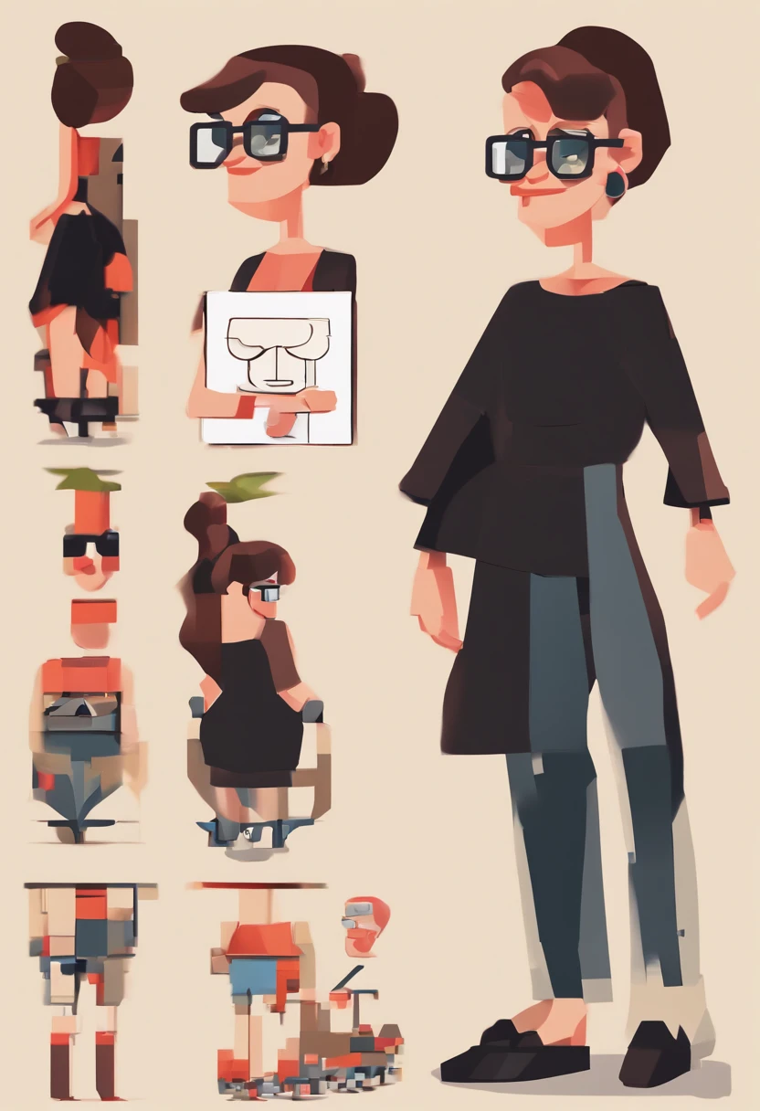 Cartoon character of a woman wearing coral glasses and a black blouse, um personagem animado, Caractere estilizado, 3D Character animation style rendering, Personagem 3D, (Estilo Pixar) (master part:1.2) (Bokeh) (best quality) (pele detalhada) (textura detalhada) (8k) (argila) (Cinematic lighting) (foco nítido,Senta e vaza a parte superior do corpo