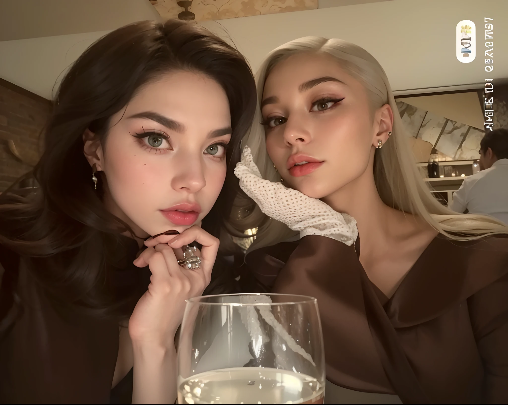 Two women sitting at a table with a glass of wine, Lady Gaga e Judy Garland, Aurora Aksnes e Zendaya, lana del rey and zoë kravitz, lady gaga with her venus hair, 💋 💄 👠 👗, foto de perfil, Anya Taylor - Alegria e Emma Stone, com hera, no set, aurora aksnes and zoë kravitz