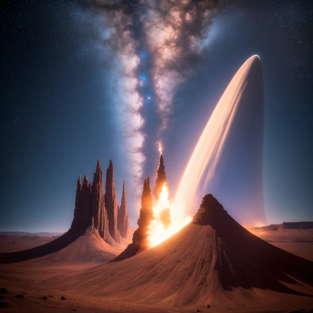 (((The spacesuit is broken)))The astronaut,Alien base (Very detailed) In the mountainous desert,There are several exhaust fans and chimneys, Some spotlights come out of the base to illuminate dark places, (Extreme nights), Some clouds in the night sky, Some of the surrounding planets provide air to unknown planets,The farthest giant volcano is erupting((The astronaut))(((The spacesuit is broken)))