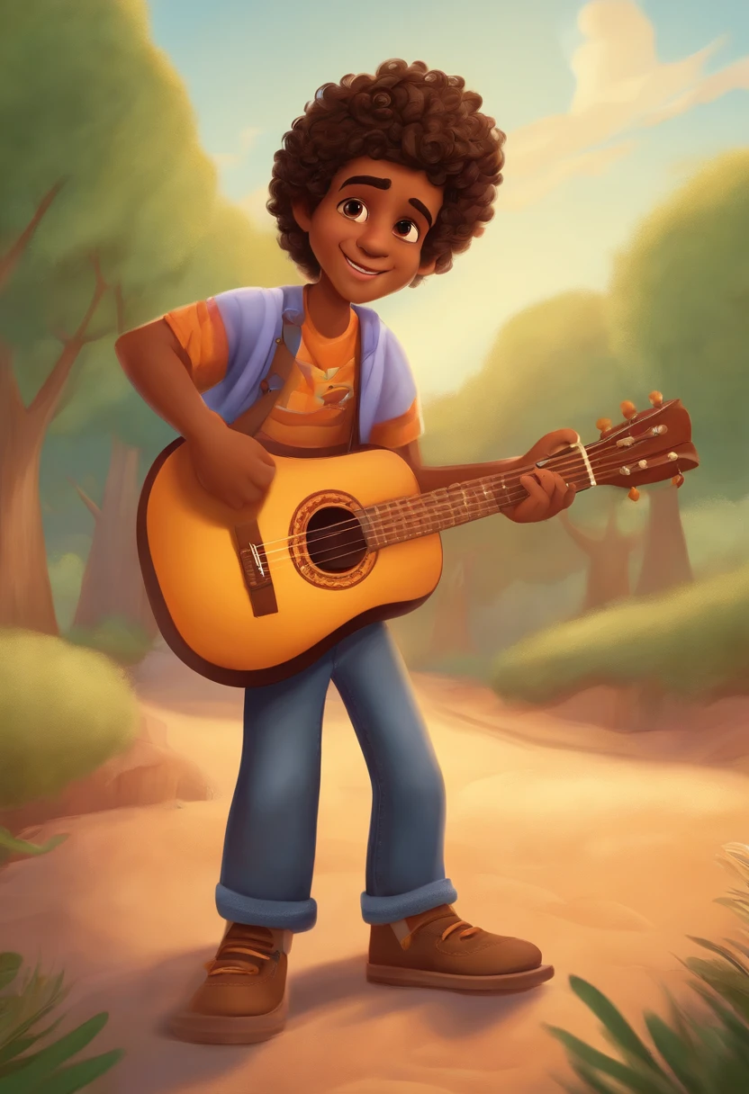 crie um banner no estilo Pixar. A boy with Indian features, moreno pardo com cabelos curtos, Castanhos escuros, Curly and slightly grayish appearance, mas jovem, usando uma camiseta, Wearing jeans and holding a classical guitar with 7 strings.