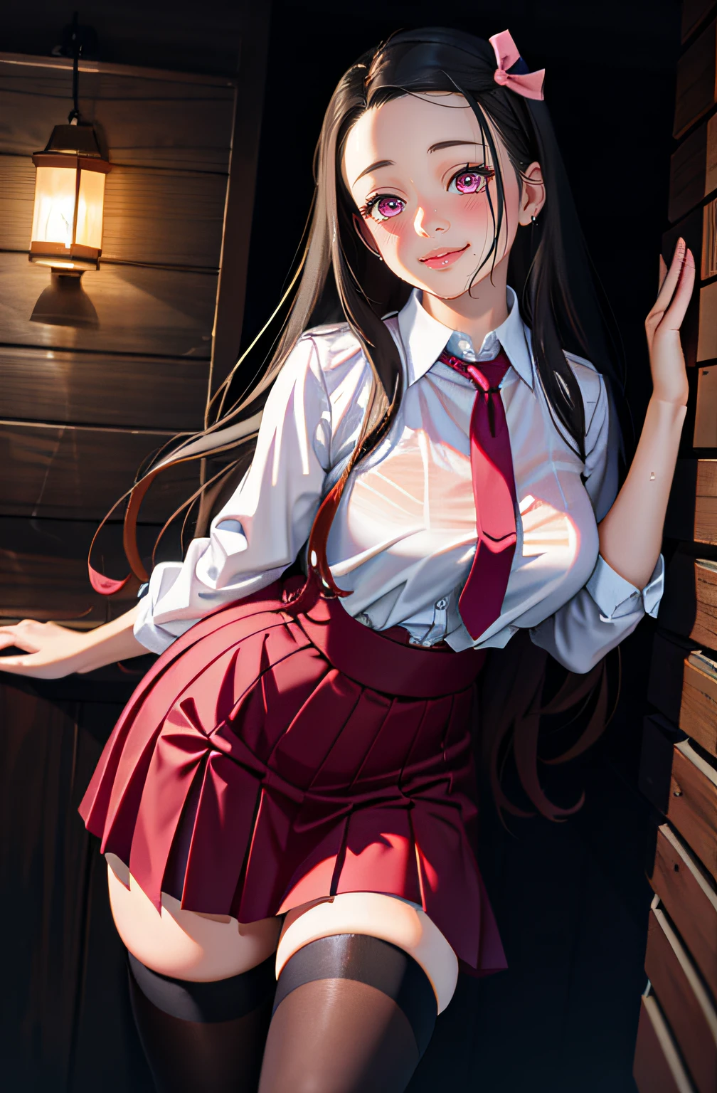 masterpiece, realistic eyes, best quality, bamboo, closed mouth, beautiful lighting, cinematic, 8k, solo, 1girl, facial, wet face, liner, wooden walls, medium tits, white shirt, school skirt, back, wide hips, cum, kamado nezuko, pink eyes, lips, blush, smile, happy, thighhighs